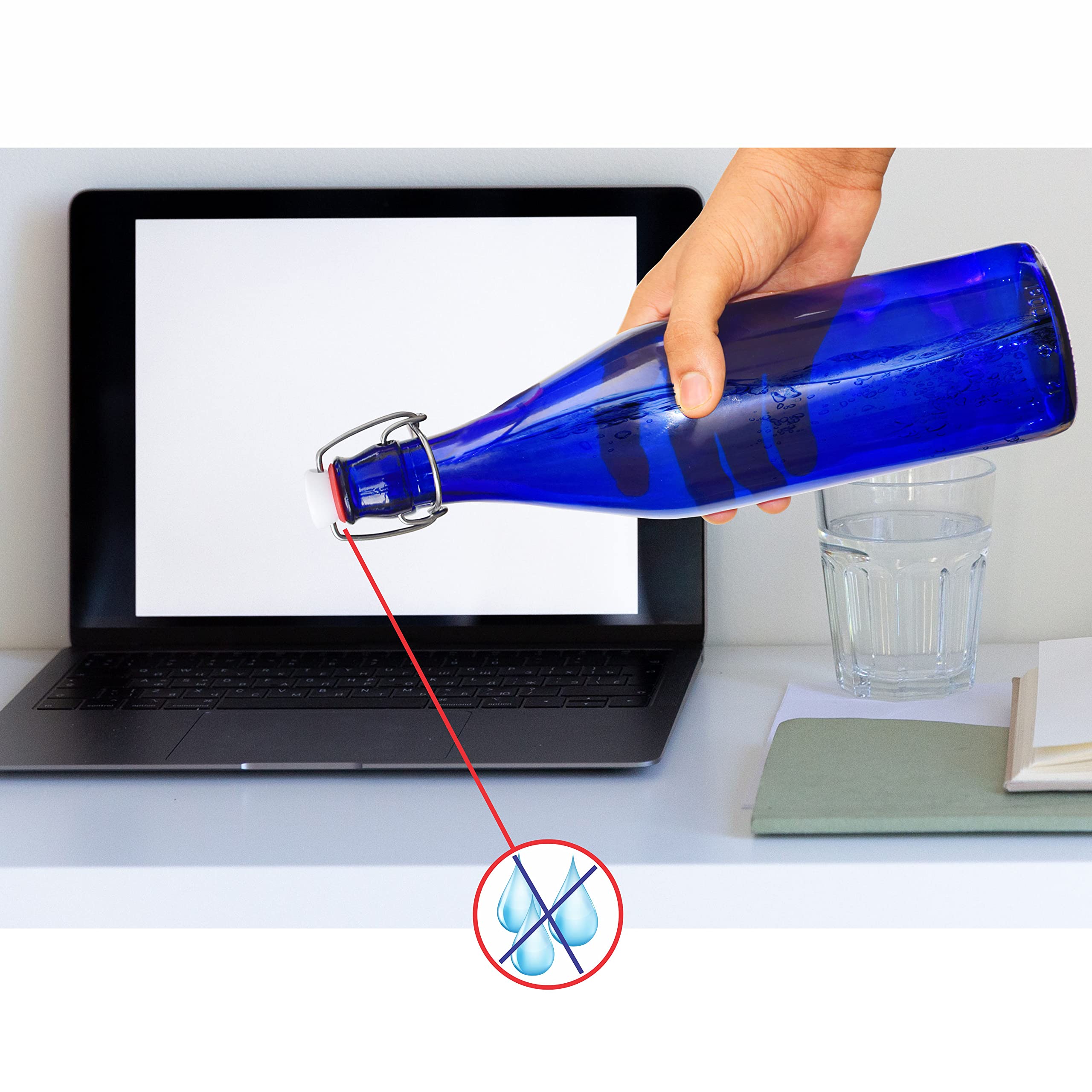 Pure Source India Glass Water Bottle - 1000ml (34oz) Airtight Leakproof BPA-Free Reusable Drinking Bottle - Blue - Perfect for Gym, Hiking, Office & Travel Hydration