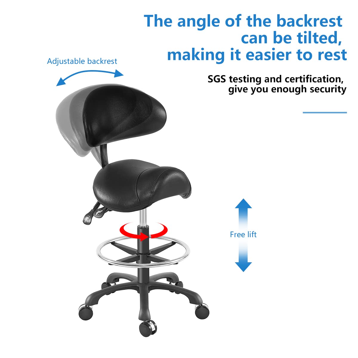 Ergonomic Saddle Stool with Back Support - Hydraulic Adjustable Height & Footrest - Perfect for Home Office, Dental Clinic, Tattoo Studio & Salon Use - Comfortable Seating Solution for Professionals