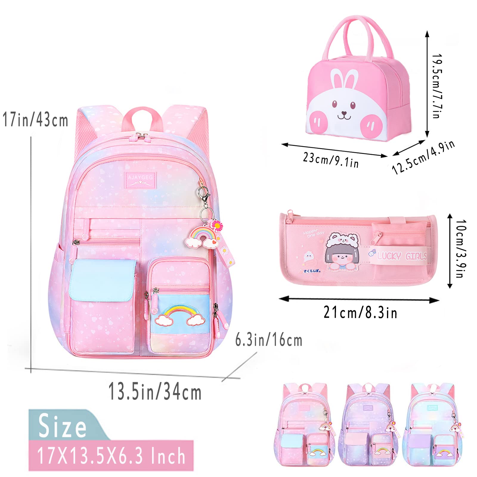 **Cute Pink Kawaii Backpack for Girls - Starry Rainbow School Bookbag, Aesthetic Kids Backpack Set (3 PCS) - Perfect for School, Travel & Daily Use**