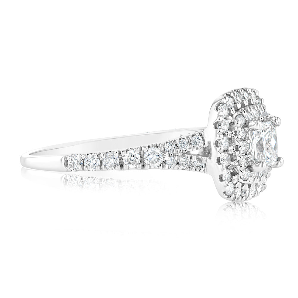 1 Carat Princess Cut Diamond Solitaire Ring in 9K White Gold with Brilliant Halo & Side Stones - Perfect for Engagement, Wedding & Anniversary Gifts