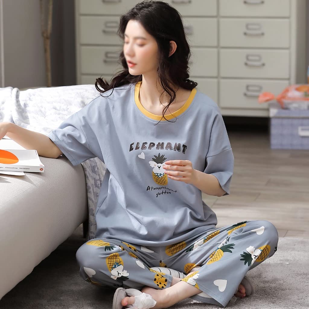 Women's Summer Short Sleeve Striped Cotton Pajama Set - Soft Drop Stitch Knit Sleepwear & Lounge Wear for Home Comfort (Medium, Color D) - Perfect for Relaxing Evenings, Sleepovers and Cozy Nights at Home