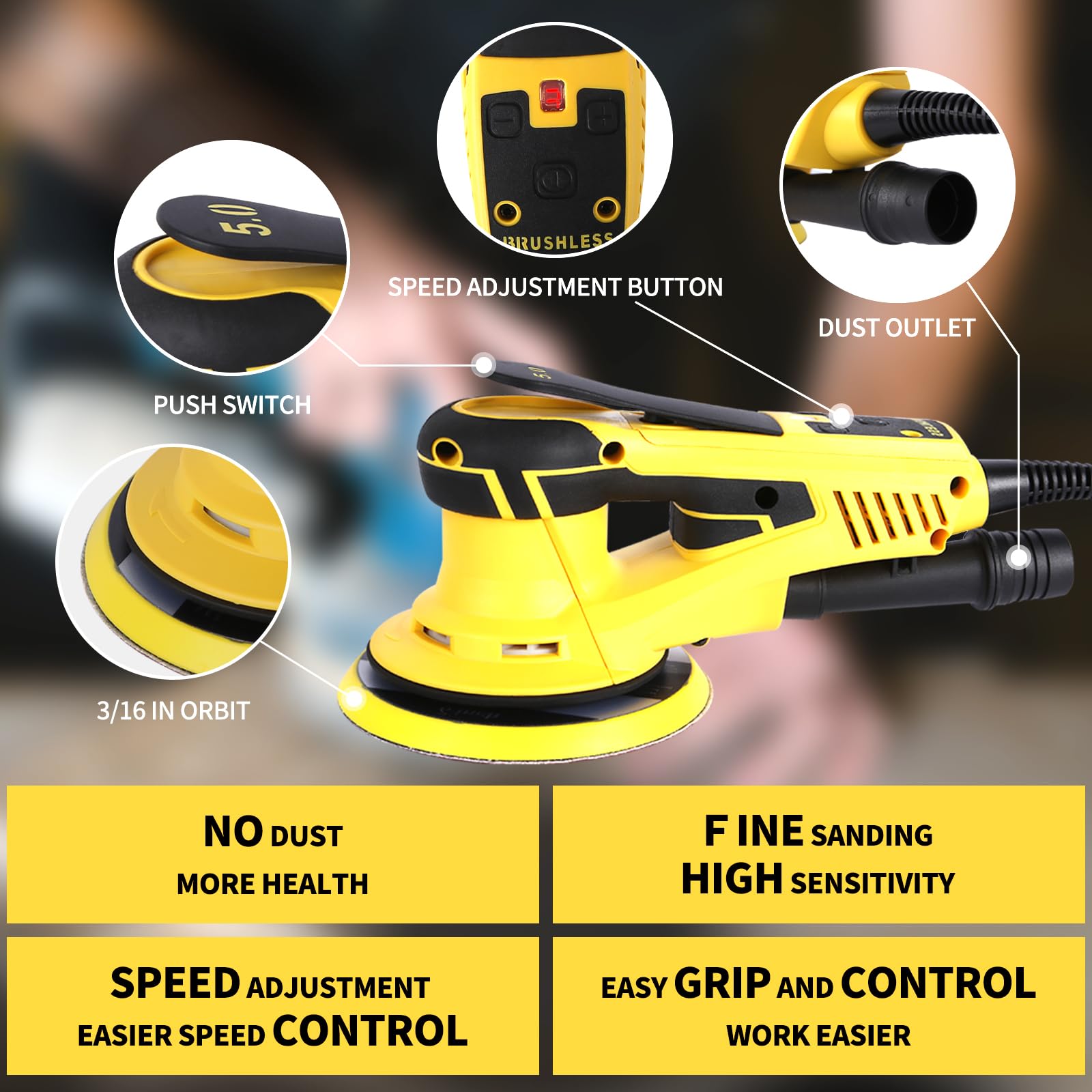 6-Inch Electric Random Orbital Sander - 350W Brushless Motor, 10000 RPM Variable Speed Polisher for Wood Sanding, Wall Smoothing, Rust Removal & Car Detailing - Professional Power Tool for DIY & Woodworking Projects