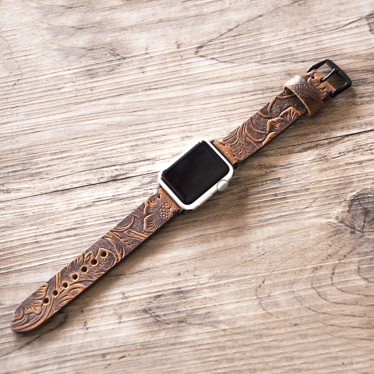 Personalized Western Floral Engraved Leather Watch Band - Compatible with Apple Watch 38mm/40mm/41mm/42mm/44mm/45mm - Custom Distressed Brown Leather Strap for iWatch Series 8/7/6/5/4/3/2/1 - Unique Women's Gift for Everyday Wear & Special Occasions