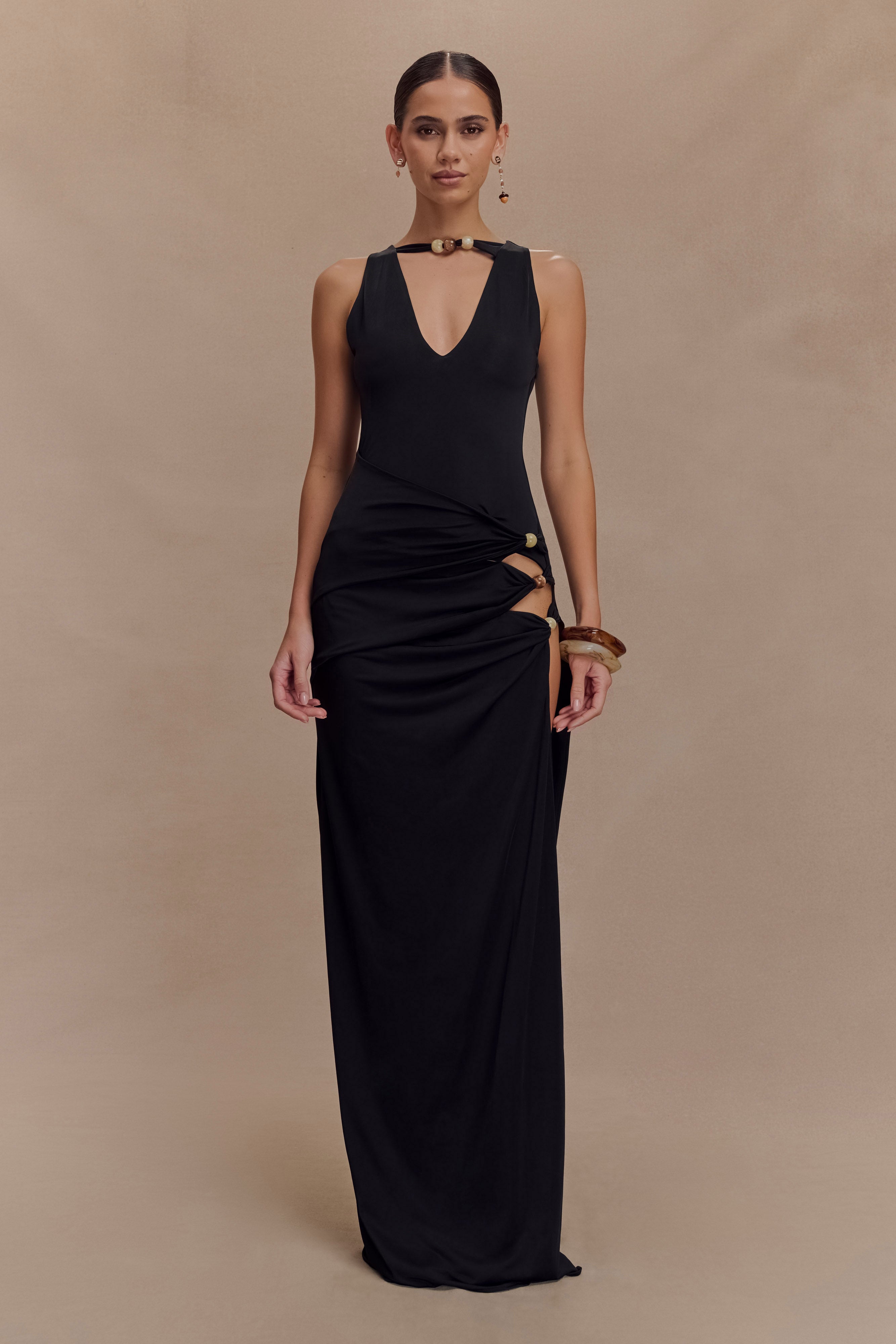 Kaiden Slinky Beaded Maxi Dress - Elegant Black Long Formal Gown for Women | Perfect for Evening Parties, Weddings & Special Occasions
