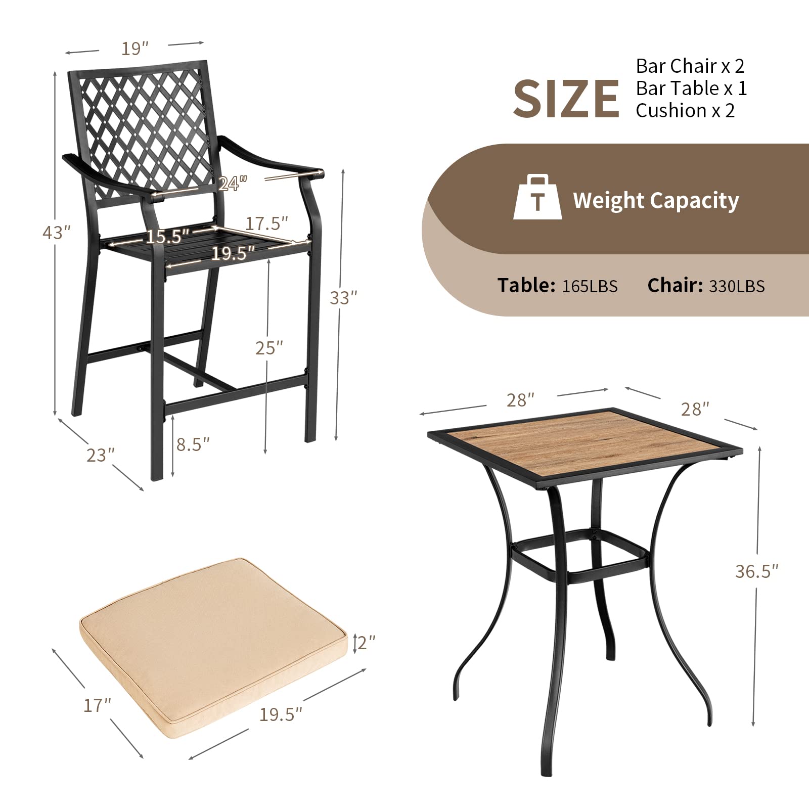 Tangkula 3-Piece Outdoor Bar Set - Patio Bistro Table & Stools with Cushions, Heavy-Duty Steel Frame, Weather-Resistant Beige Furniture for Backyard, Poolside, Garden Dining & Entertaining