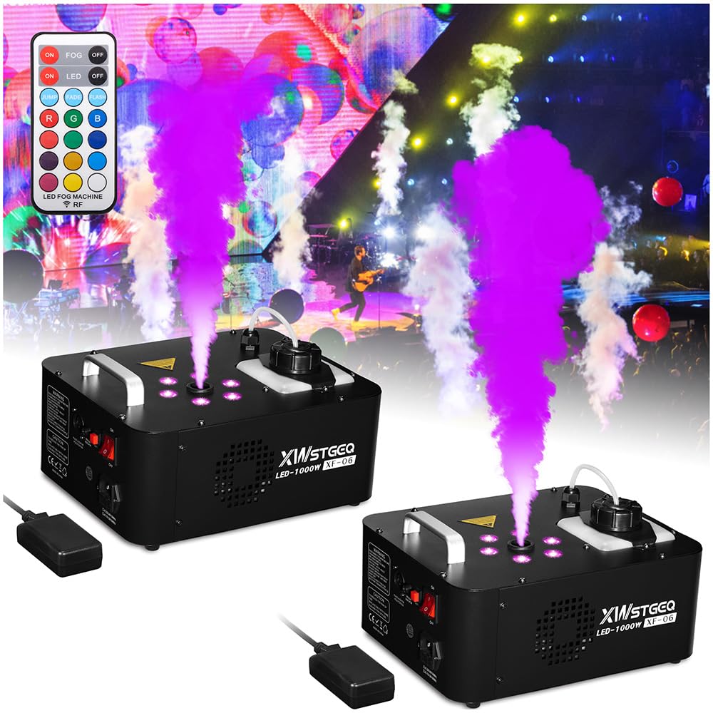 1000W Professional Vertical Fog Machine with 6 Color LED Lights & Wireless Remote Control - Perfect for Halloween Parties, Stage Shows, Wedding Events, DJ Performances (2-Pack)