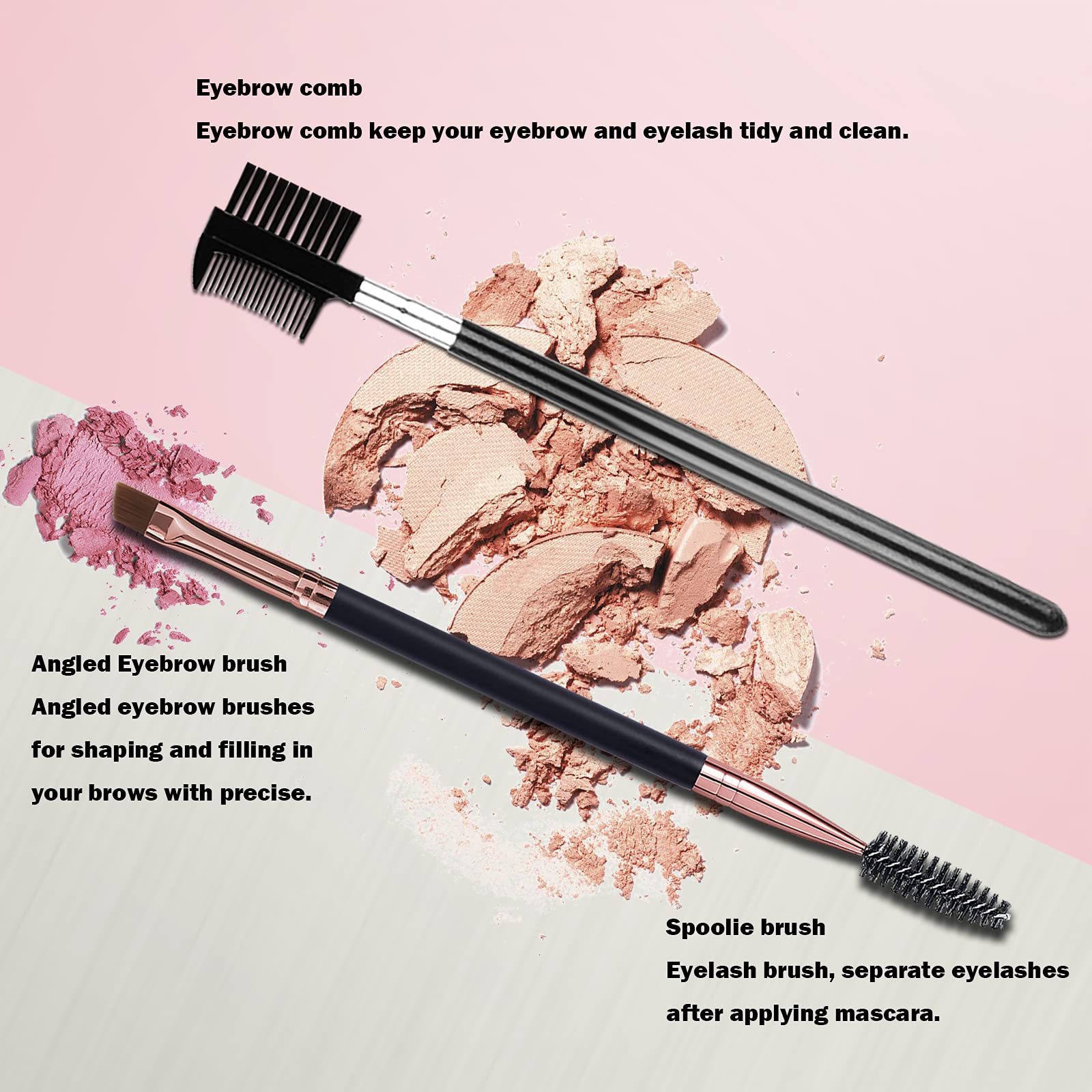 Professional Duo Eyebrow Brush Set - Angled Eyebrow Brush & Spoolie Comb for Perfect Brows - Black Eyebrow Makeup Tools for Salon & Home Use