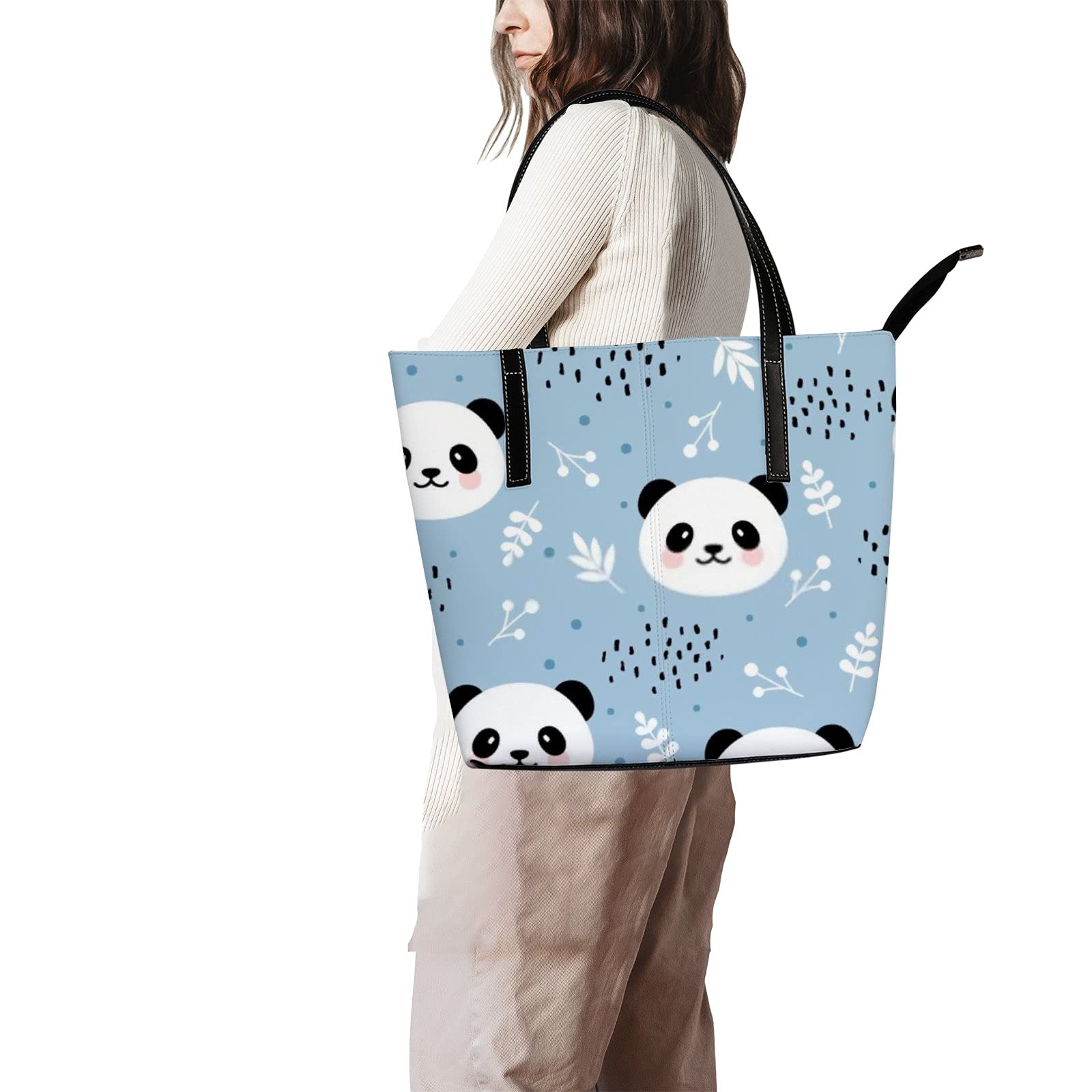 Cute Cartoon Panda & Dots Leather Tote Bag for Women - Blue Black & White Crossbody Handbag with Zipper | Stylish Work Bag, Travel Purse & Everyday Carryall