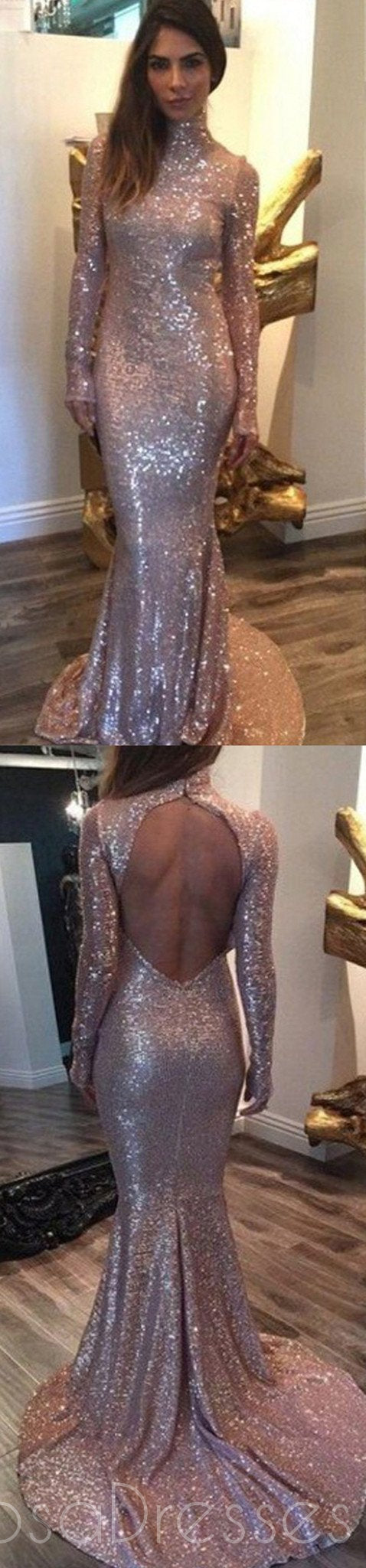Elegant Long Sleeve Sequined Prom Dress with High Neck & Open Back - Formal Evening Gown for Homecoming, Cocktail Parties & Special Occasions | PD0174