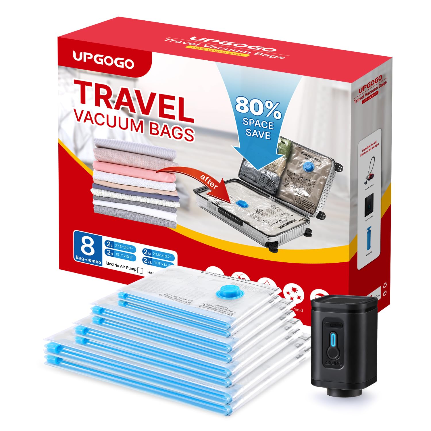 8-Pack Travel Vacuum Storage Bags with Portable Electric Pump | Space-Saving Vacuum Seal Bags for Clothes & Luggage | Perfect for Travel, Moving & Seasonal Storage