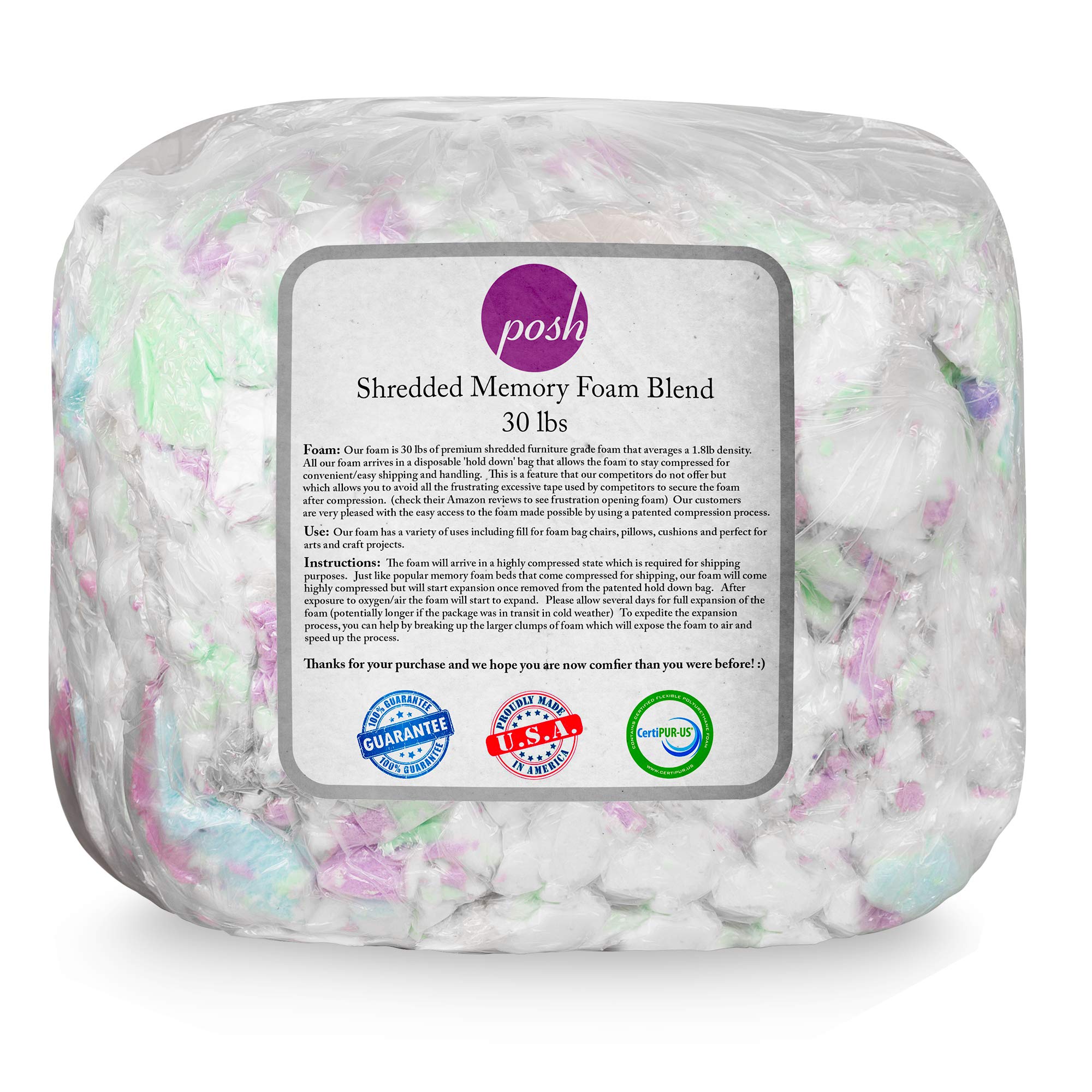 Premium 30lbs Multi-Color Foam Bean Bag Refill by Posh Creations - Soft & Comfortable Filling for Bean Bag Chairs, Floor Cushions, and Kids Play Areas (FOAM30)