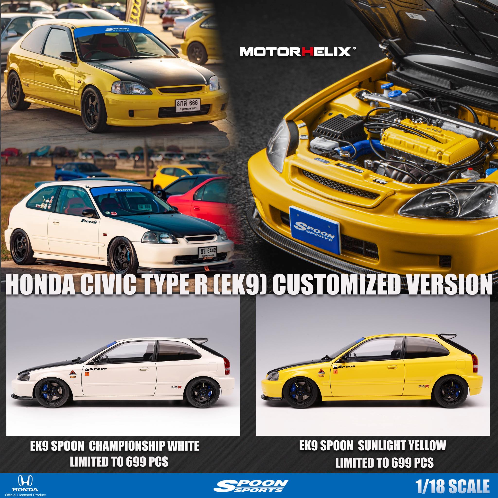 MotorHelix 1:18 Scale Honda Civic Type R (EK9) Spoon Sports Diecast Model Car - Yellow Limited Edition Collectible for Car Enthusiasts & Display Showcase