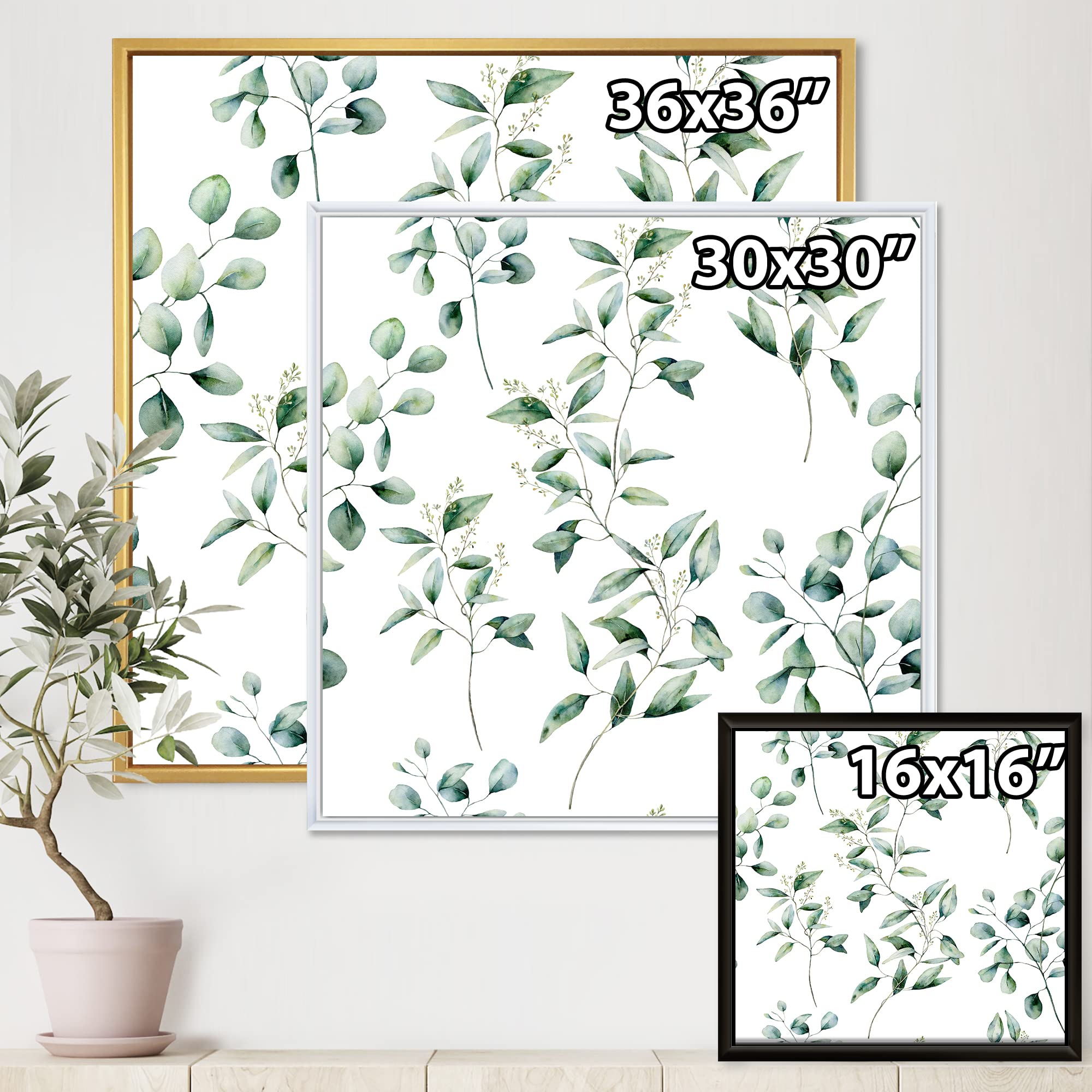 DesignQ Green Eucalyptus Branches IV - Traditional Framed Canvas Wall Art Print | Nature Inspired Home Decor for Living Room, Bedroom & Office