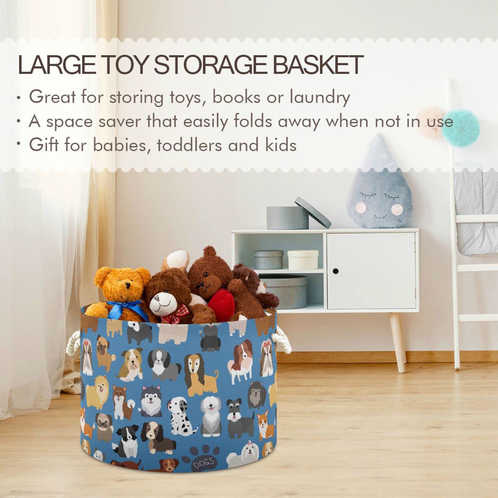 Large Collapsible Fabric Toy Storage Basket - Cute Puppy Design Organizer Bin for Kids Nursery, Playroom & Dog Toys | Perfect for Home, Balcony & Outdoor Use