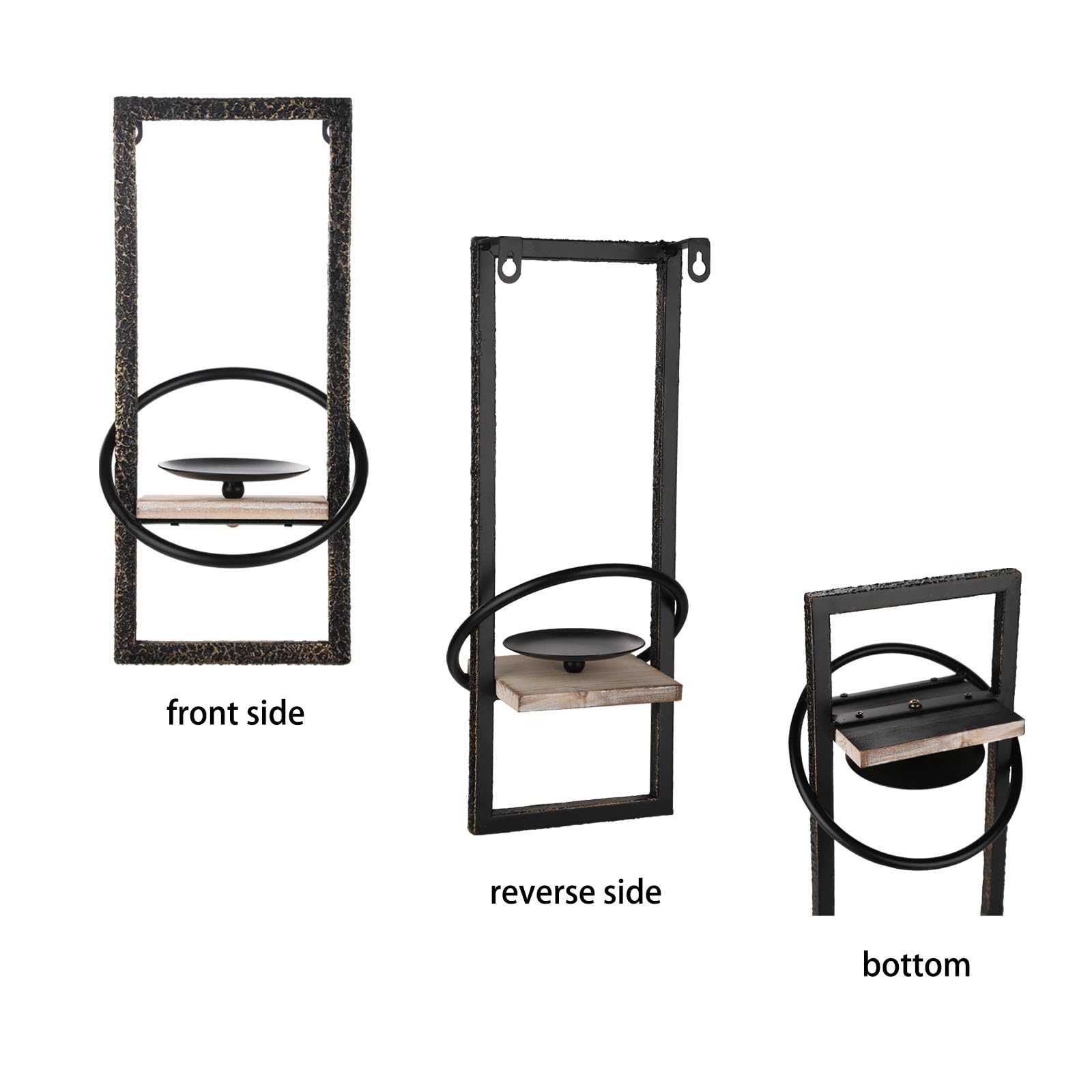 GAKA Set of 2 Black Iron & Wood Wall Sconce Candle Holders - Rustic Metal Hanging Wall Mount Candleholders for Home Decor, Bedroom, Living Room, Patio Lighting