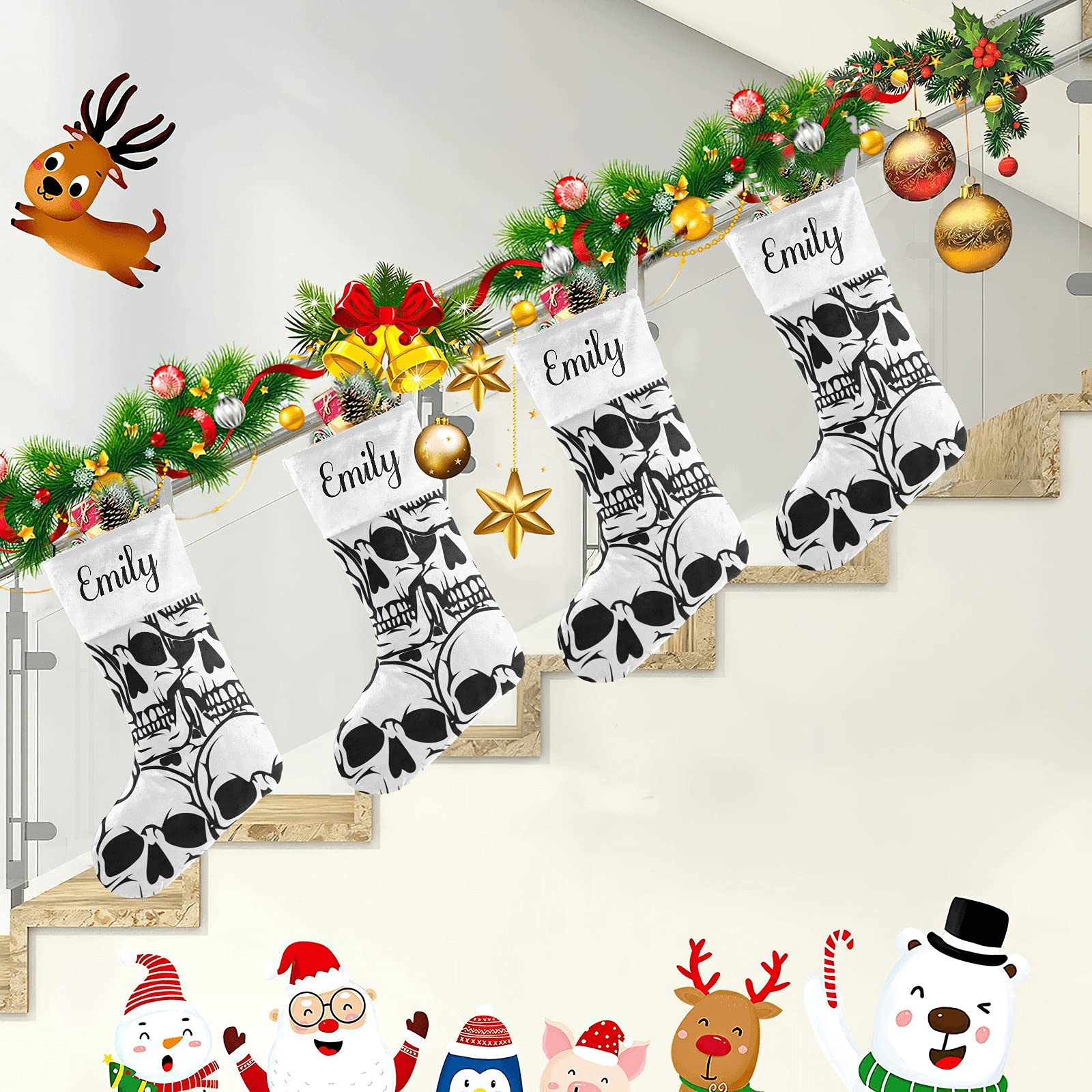 Personalized Black Skull Christmas Stockings - Custom Name Embroidered Holiday Decor (17.52x7.87 Inch) - Perfect for Gothic Xmas, Halloween-Christmas Transition & Alternative Holiday Gift Giving