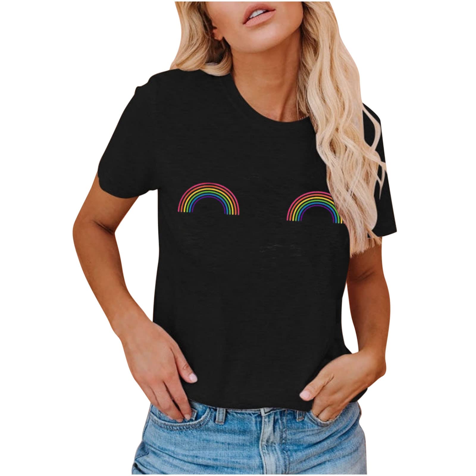 Colorful Rainbow Printed Women's Summer Tops - Short Sleeve Crewneck Casual Blouses & Tees for Beach, Vacation and Everyday Wear