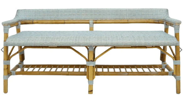 Coastal Blue Woven Bench - Handmade Rattan Outdoor Bench with Cushion - Perfect for Patio, Garden, Poolside & Beach House Decor