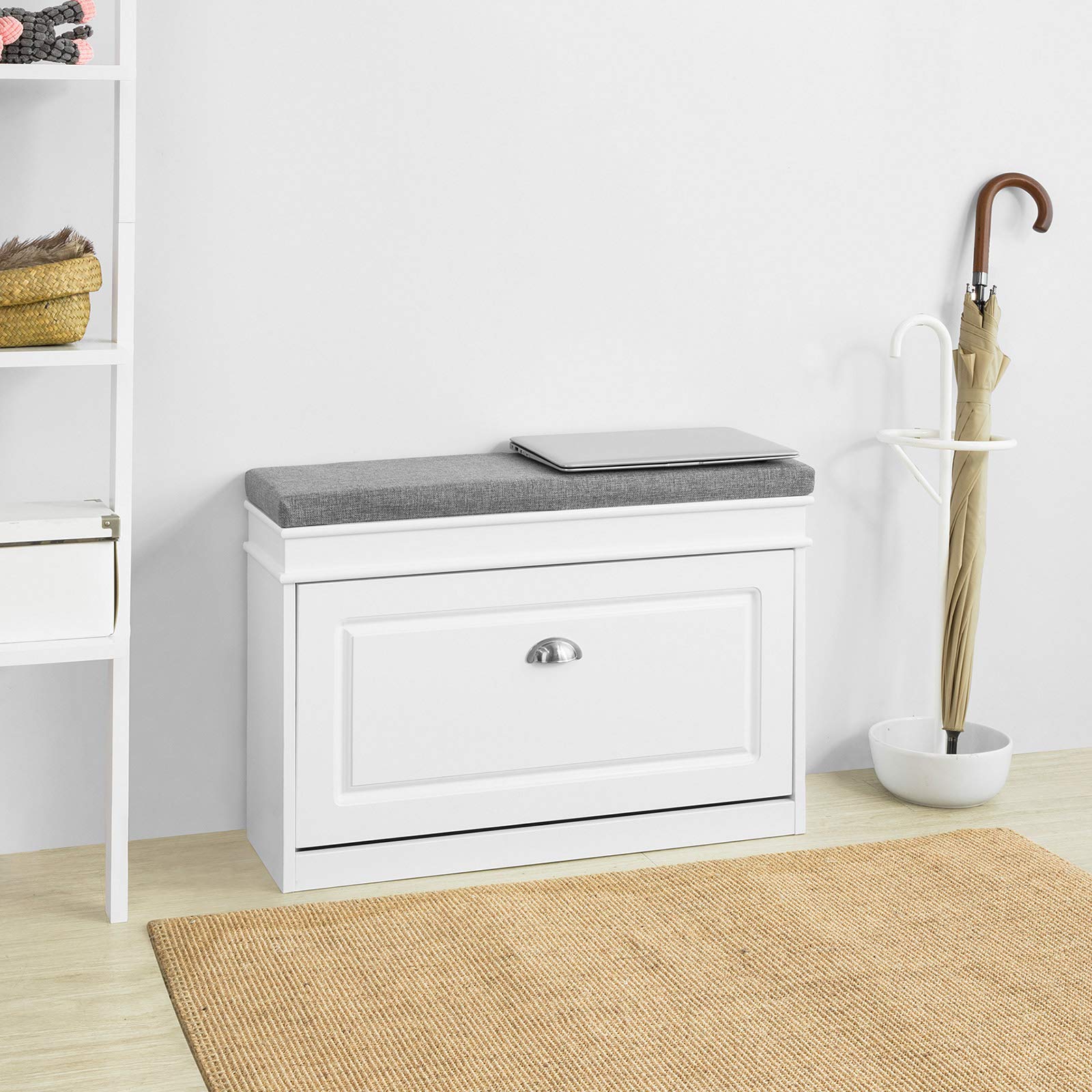 Haotian White Shoe Bench and Storage Cabinet with Cushion Seat - FSR82-L-W & FSR78-W Models - Perfect for Entryway, Mudroom, and Bedroom Organization