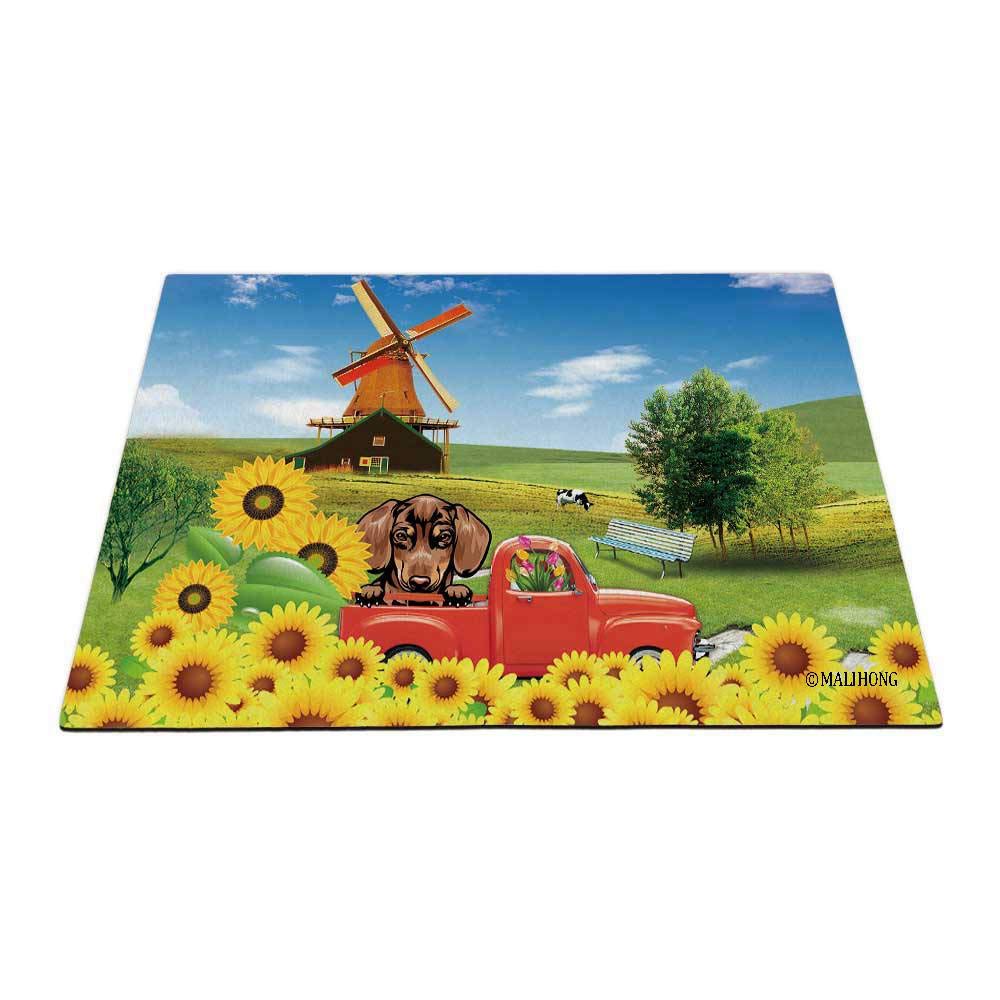 Vintage Rustic Dog Doormat - Cute Dachshund Peeking from Red Retro Truck with Sunflowers & Windmill Design, Farmhouse Style Home Decor, 23.6 x 15.7 Inch - Perfect for Entryway, Porch, or Front Door Welcome Mat