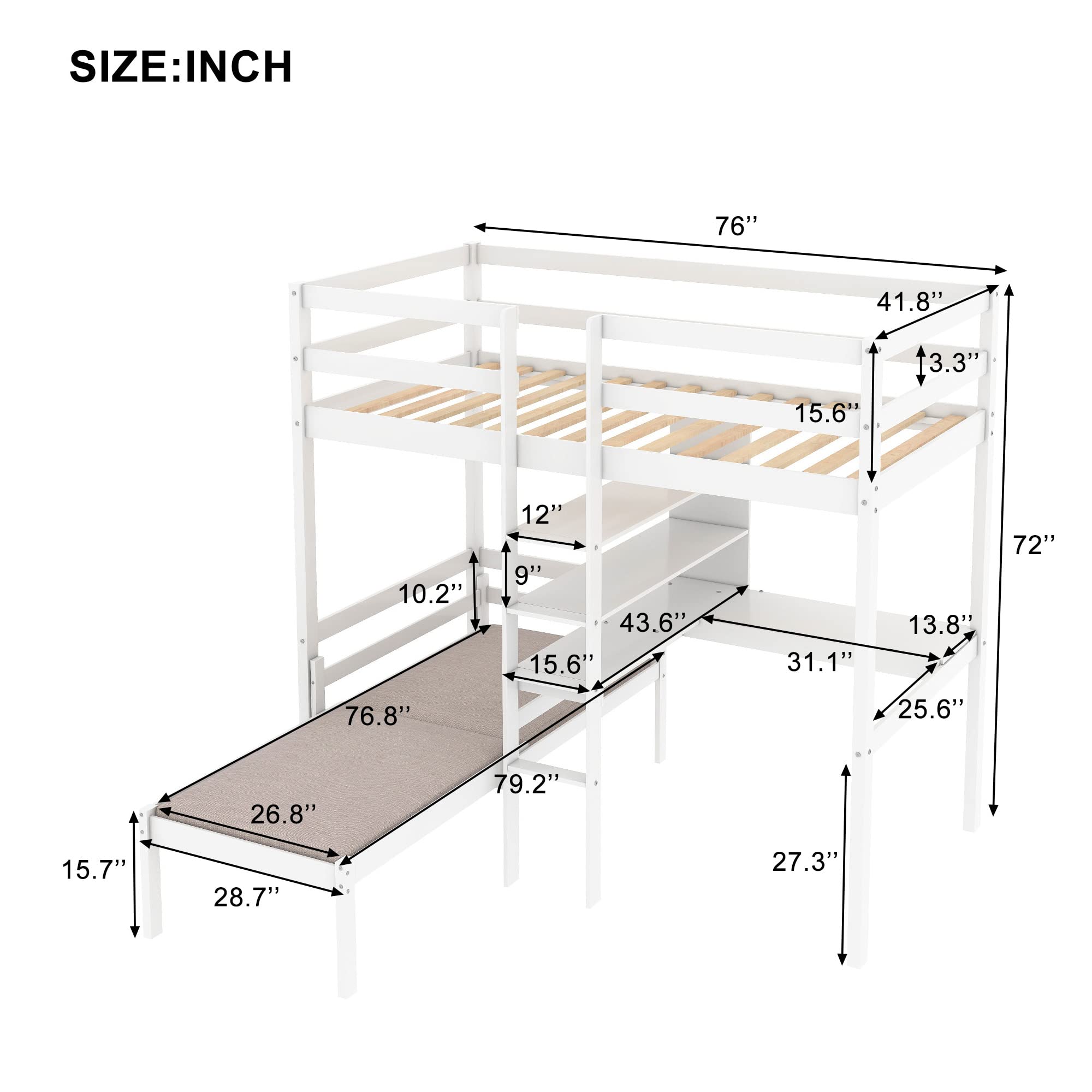 Modern Twin Loft Bed with L-Shape Desk & Shelves - Convertible Wood Bunk Bed Frame with Safety Rails & Ladder - Space Saving Kids Bedroom & Dorm Furniture (White) - Perfect for Small Rooms, Teen Bedrooms & College Dormitories