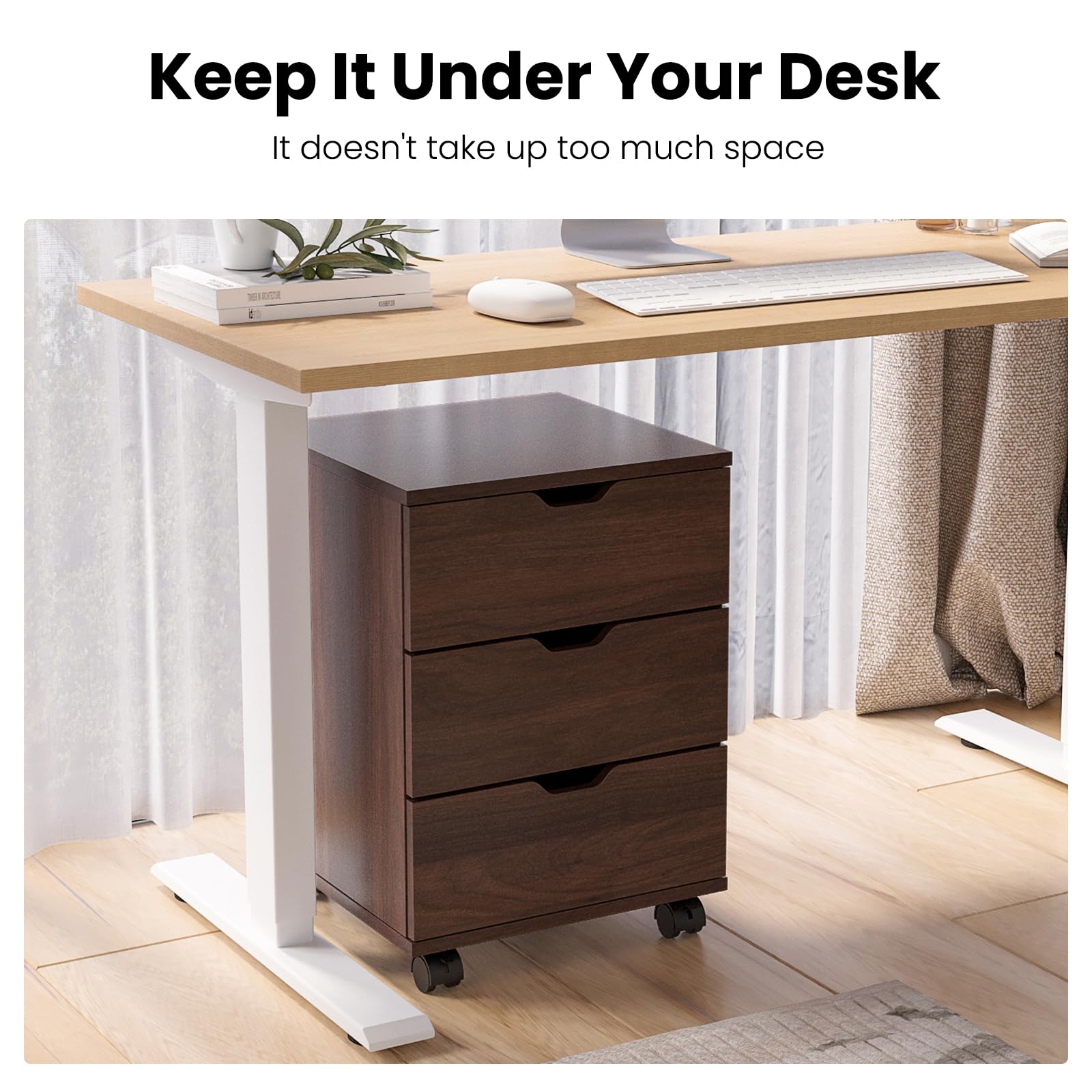 Farini Wood File Cabinet for Home Office - 3 Drawer Mobile Storage Organizer Under Desk (Brown, Fully-Assembled) - Perfect for Office Organization, Small Space Storage & Home Office Decor