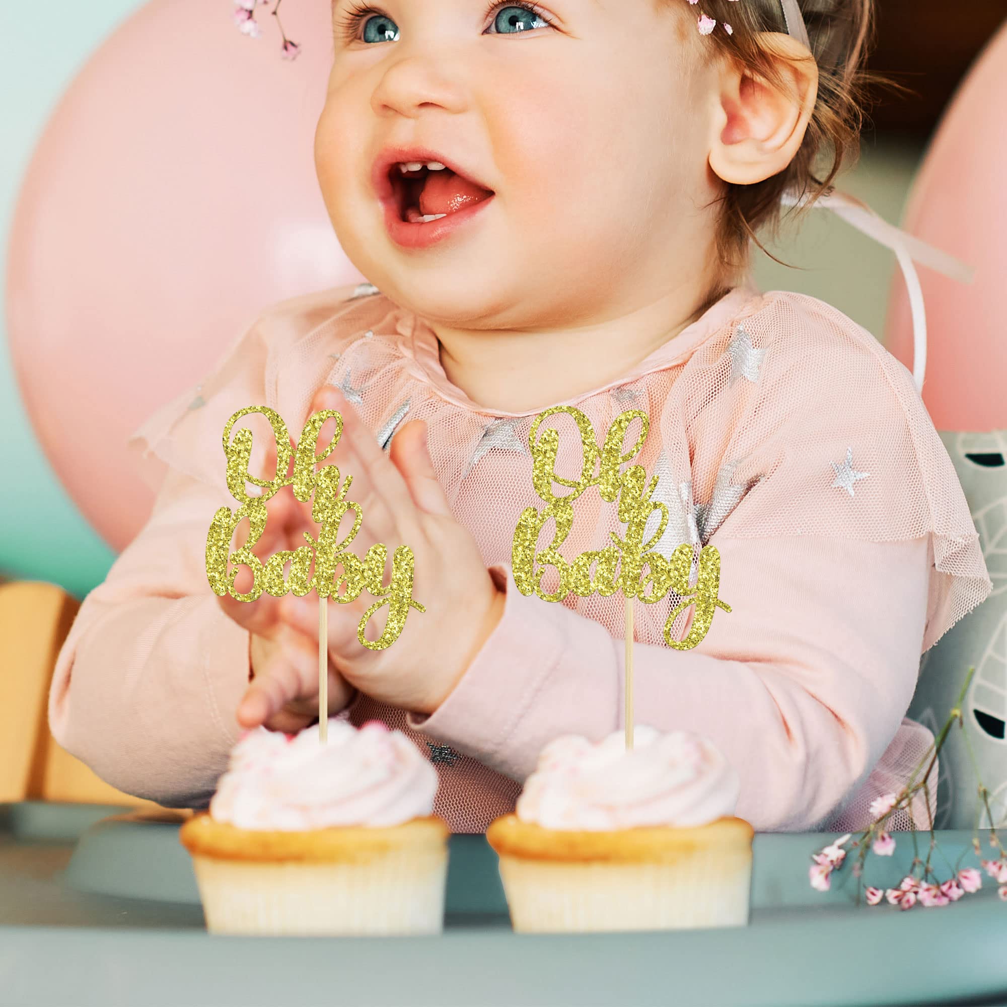 36 Pack Gold Glitter Baby Shower Cupcake Toppers - Oh Baby Cake Decorations for Baby Shower, Kids Birthday Party Supplies (Perfect for Gender Reveal, 1st Birthday & Nursery Themed Celebrations)