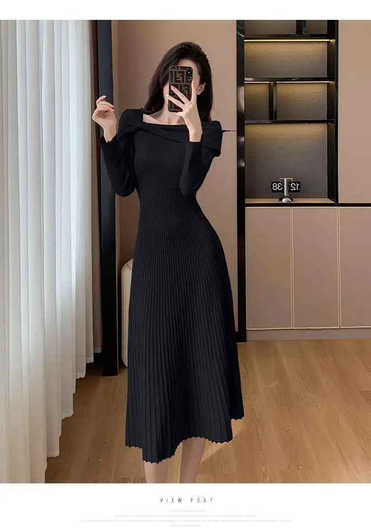 Elegant Black Long Sleeve Knit Dress for Women - Autumn Beige Bow French Fashion Slim Casual Midi Dress - Perfect for Party, Office Wear and Fall Outfits