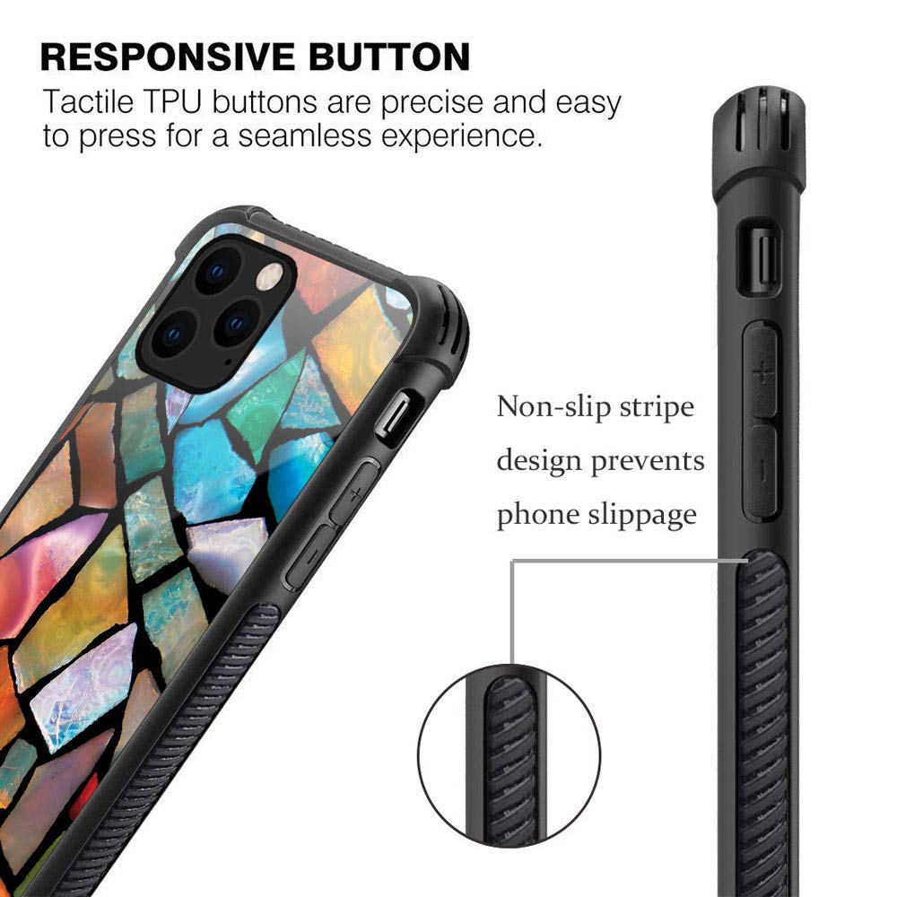Stained Glass Mosaic iPhone 11 Pro Max Case - Tempered Glass Back & Soft Silicone TPU Shockproof Protective Cover | Perfect for Parties, Festivals & Everyday Use