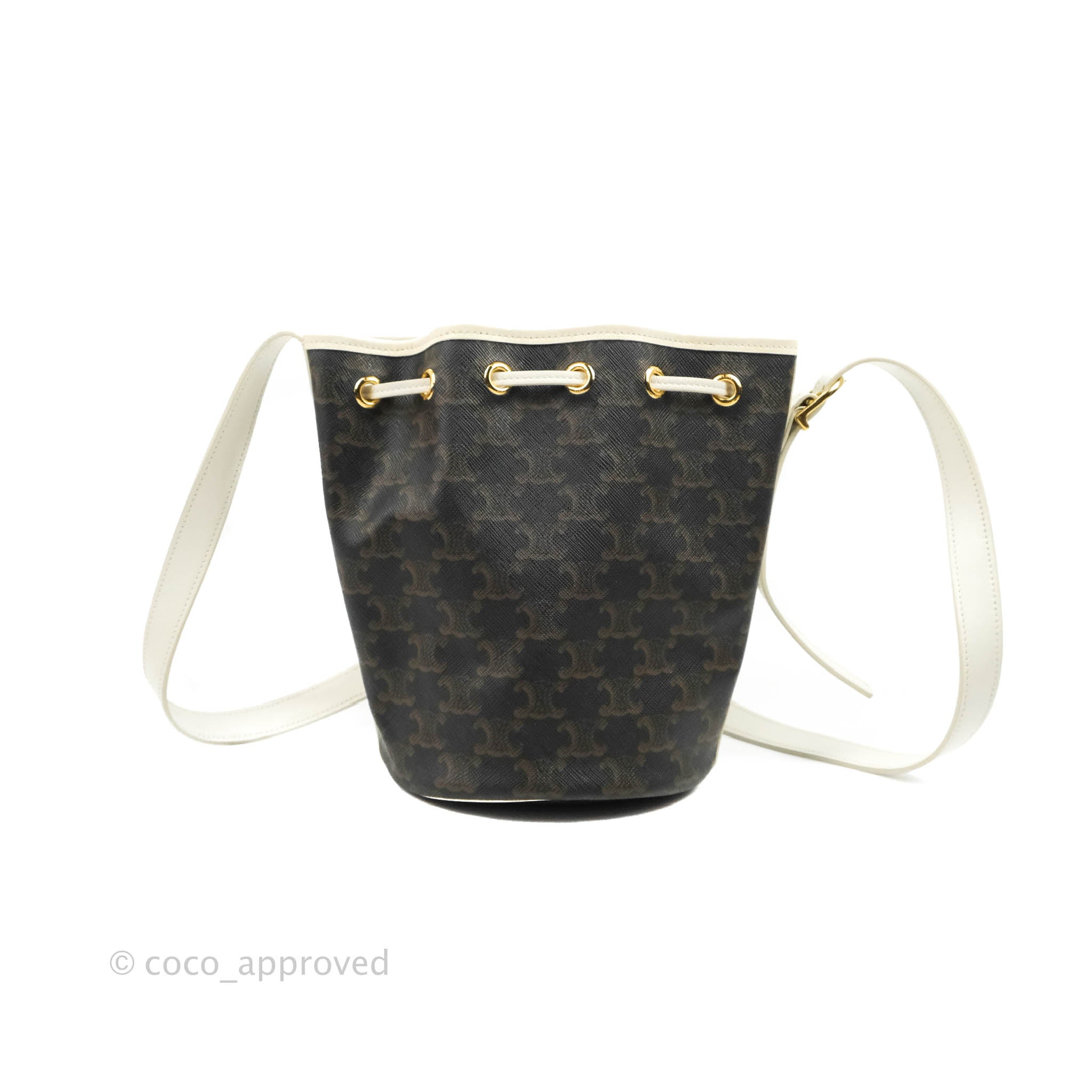 Celine Small Drawstring Bag Triomphe Canvas White Calfskin Leather Crossbody Purse for Women | Luxury Designer Handbag for Everyday Use & Special Occasions