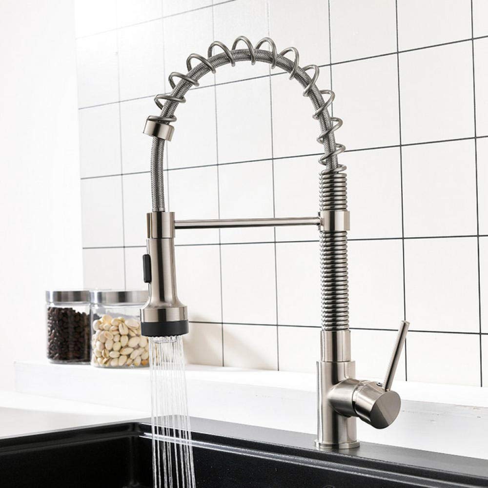 Led Spring Style Brushed Nickel Pull Down Kitchen Faucet with Brass Swivel Tap for Hot and Cold Water Mixer, Ideal for Modern Home Kitchens and Sink Upgrades