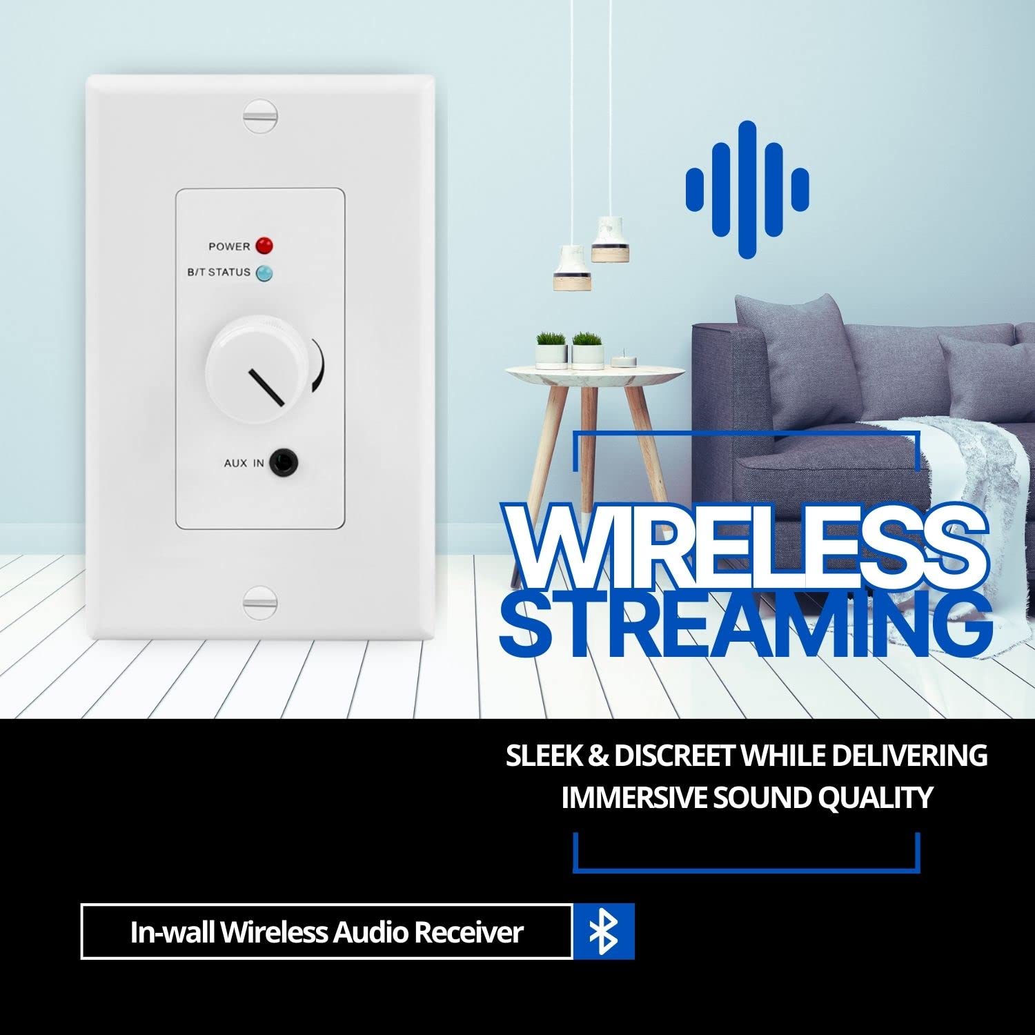 TNP Wireless Bluetooth Audio Receiver Wall Plate Mount - 120W BT 5.0 aptX Hi-Fi Stereo Amplifier with Volume Control & 3.5mm AUX Input for Home Theater, Multi-Room Audio & Speaker Systems - Perfect for Living Room, Bedroom & Office Music Streaming