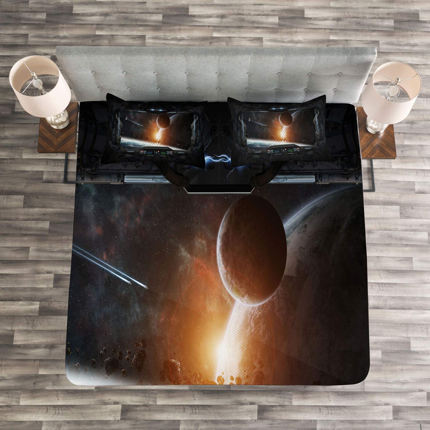 Ambesonne Outer Space Bedspread Set - Planets & Astronaut View from Shuttle Window, 3-Piece King Size Bedding with 2 Pillow Shams in Grey & Orange | Perfect for Space-Themed Bedrooms, Sci-Fi Decor, and Astronomy Enthusiasts