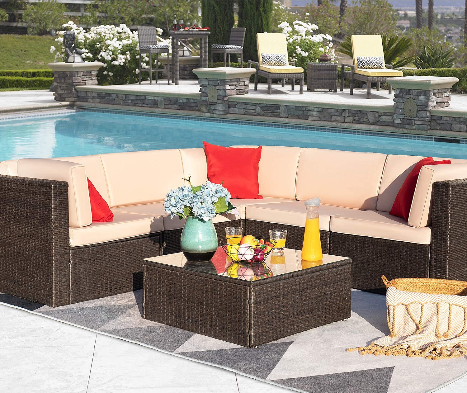 Devoko 6-Piece All-Weather Outdoor Patio Furniture Set - Wicker Rattan Sectional Sofa with Cushions & Glass Coffee Table, Beige - Perfect for Backyard, Garden, Poolside & Patio Relaxation