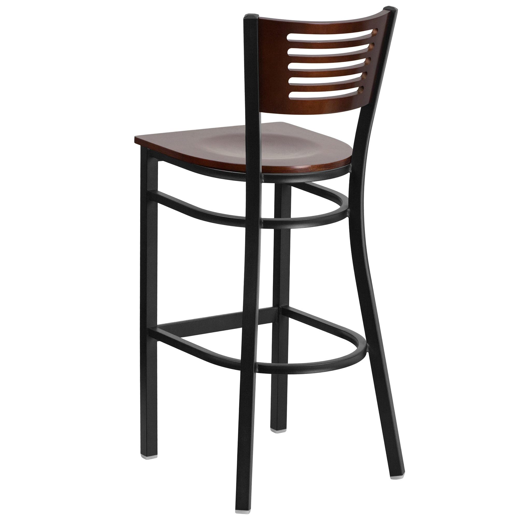 Flash Furniture HERCULES Series Black Slat Back Metal Bar Stool with Walnut Wood Seat - 24