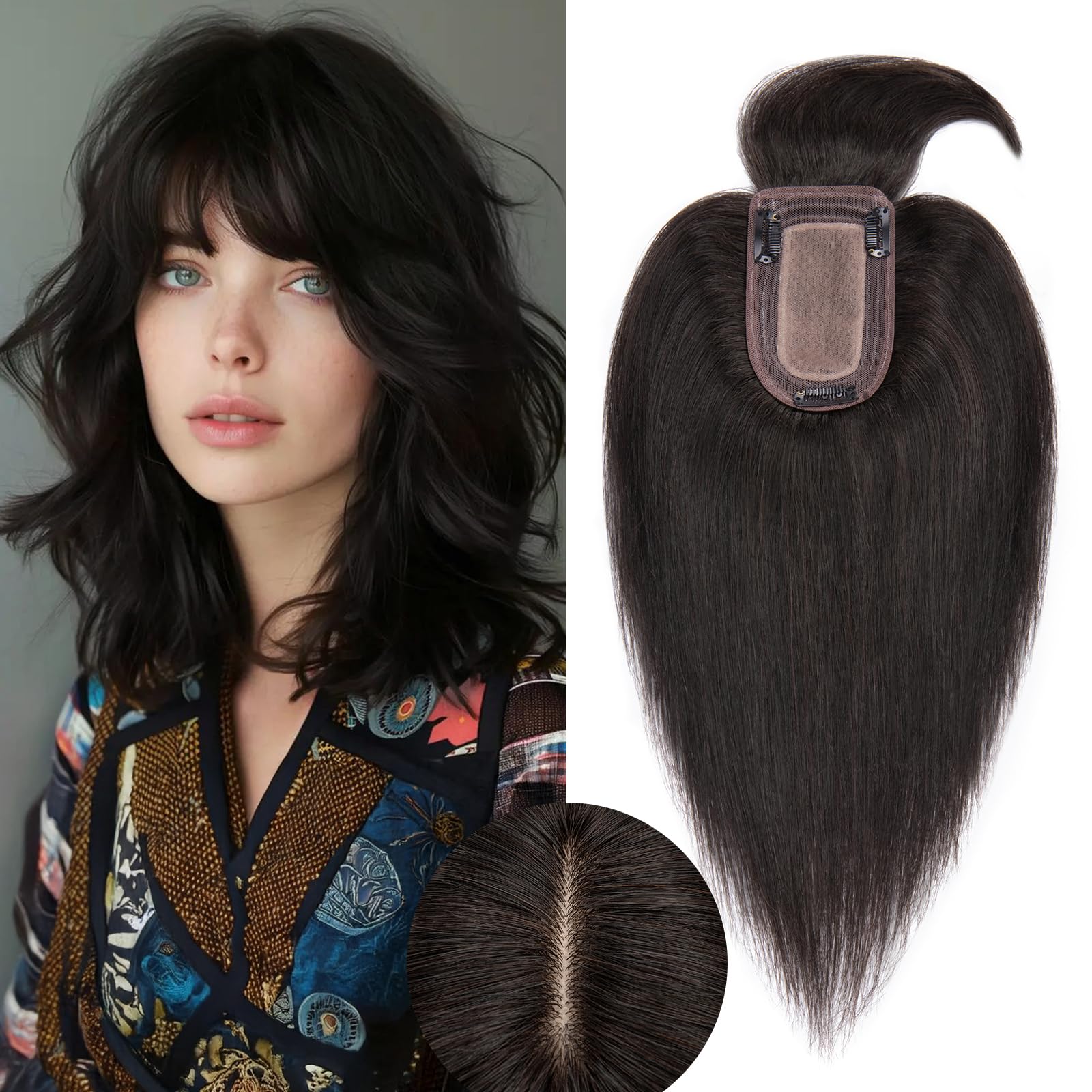 100% Real Human Hair Toppers for Women - Clip-In Hair Topper with Bangs, Handmade Middle Part Top Hair Piece for Thinning Hair, #1B Natural Black, 16 Inch, 48g - Perfect for Daily Wear, Parties & Special Occasions