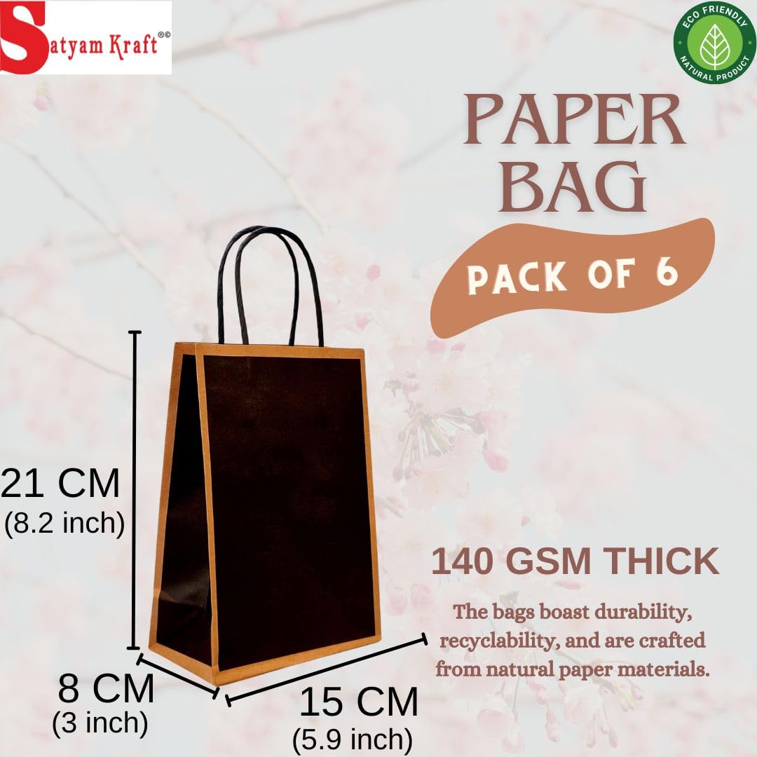Eco-Friendly SATYAM KRAFT 6-Pack Black Paper Gift Bags with Handles (21x15cm) - Perfect for Weddings, Birthday Parties, Christmas Gifts & Corporate Events