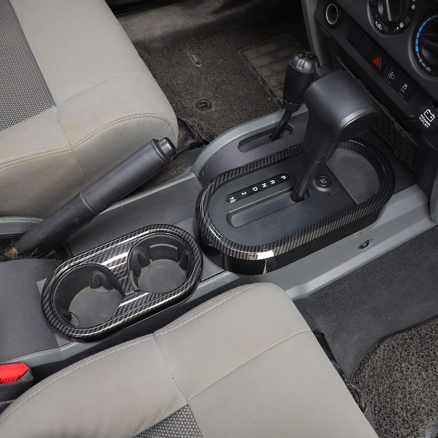 JeCar ABS Carbon Fiber Gear Shift Panel & Cup Holder Trim Cover Kit for 2007-2010 Jeep Wrangler JK JKU (Sport/Sahara/Rubicon/X) - Interior Upgrade Accessories for Off-Road & Daily Driving