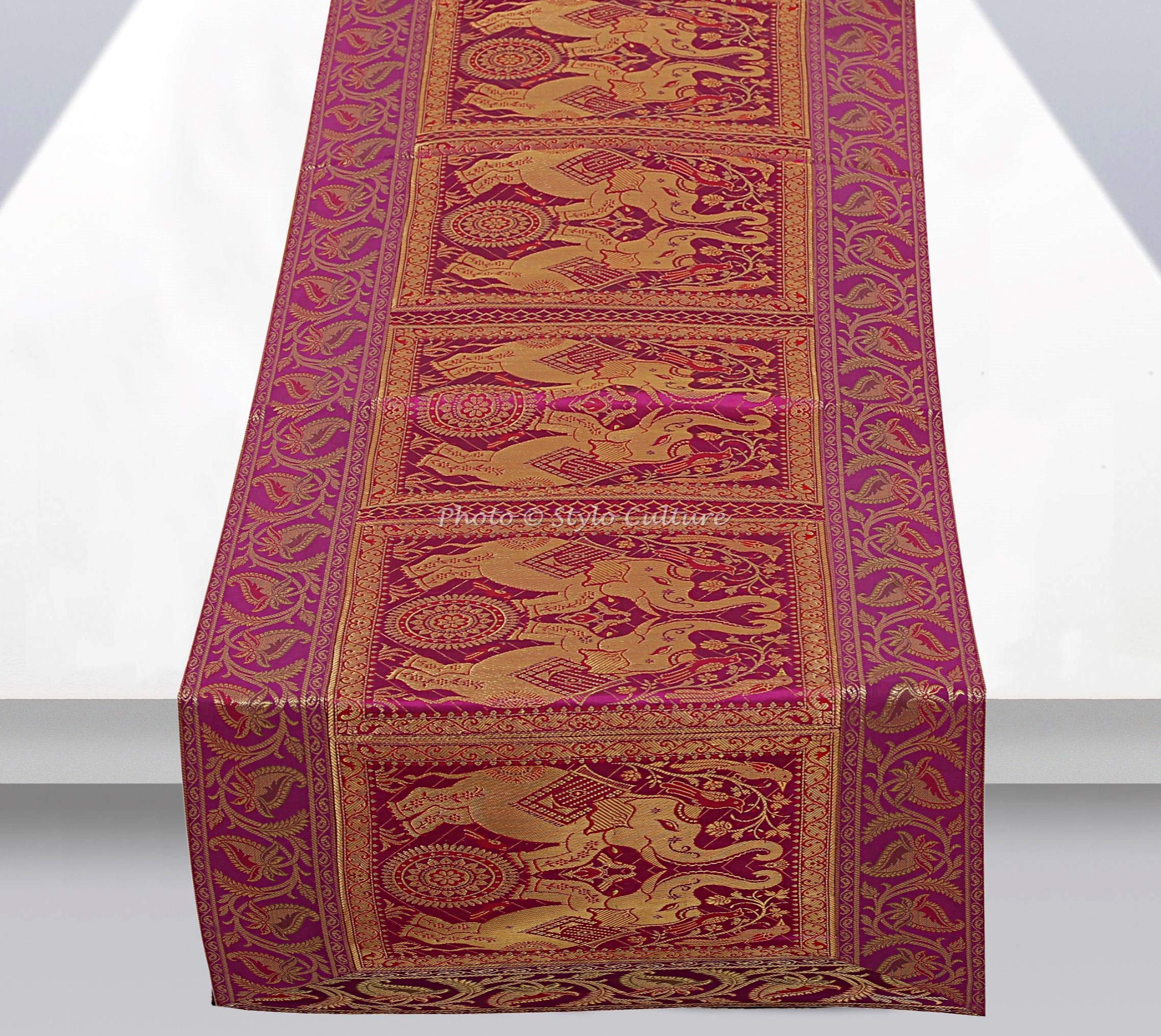 Bohemian Ethnic Brocade Jacquard Table Runner - 60x16 Inches (152x40 cm) Magenta Rectangular Dining Table Cloth with Elephant Floral Design | Perfect for Traditional Home Decor, Wedding Centerpieces & Festival Table Settings