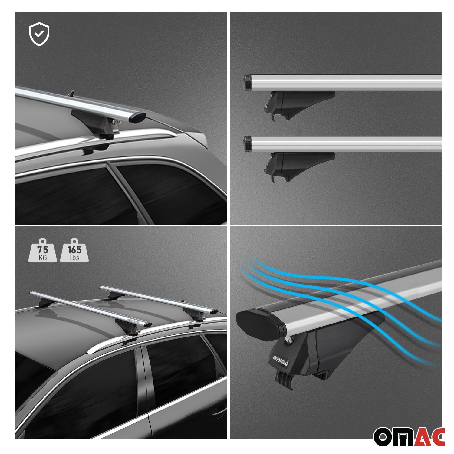 OMAC Aluminum Roof Rack Cross Bars for Volvo XC40 (2019-2024) - 2-Pack Anti-Theft Grey Cargo Carrier for Kayak, Canoe, Surfboard, Ski, Snowboard & Camping Gear - Perfect for Outdoor Adventures & Road Trips