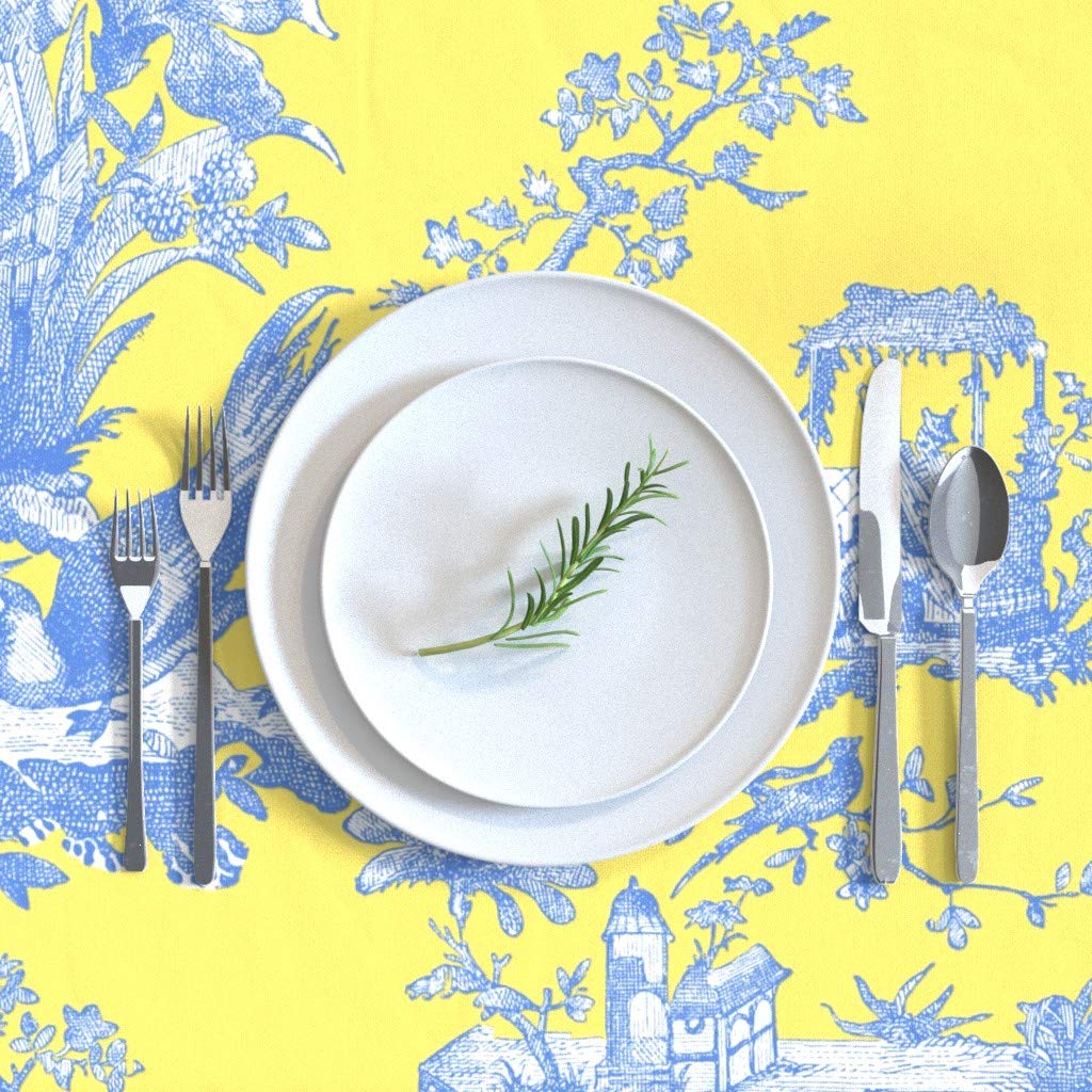 Custom Chinoiserie Toile Lemon Yellow Asian Print Cotton Sateen Tablecloth 70x144 Inches - Perfect for Dining Room Decor, Wedding Reception, and Vintage Tea Party Table Settings
