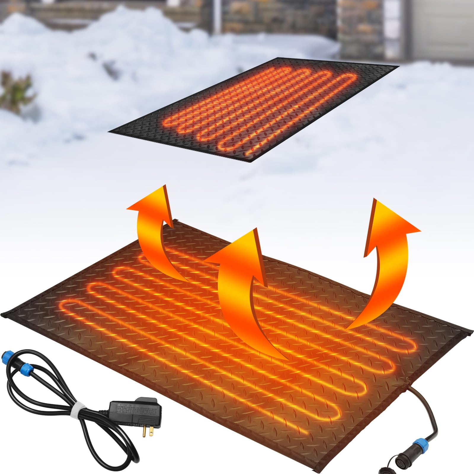 Heated Snow Melting Mats for Walkways & Sidewalks - Non-Slip Outdoor Heating Mat Melts Up to 3 Inches of Snow/Hour with Power Cord - Perfect for Winter Driveways, Stairs, and Entryways (Black)