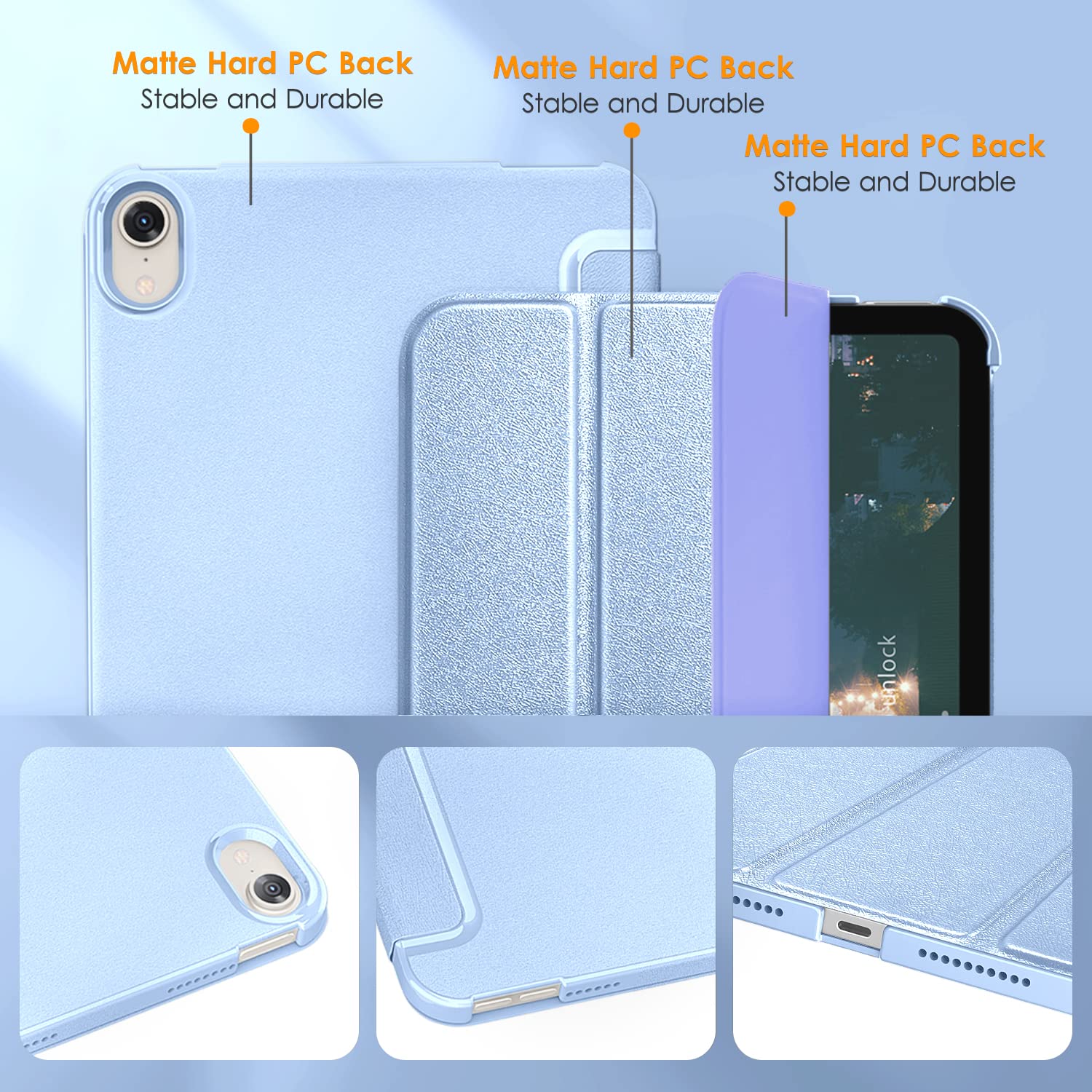 DTTO Premium Silk Pattern Slim Trifold Stand Hard Cover Case for iPad Mini 7 (A17 Pro) 2024 & iPad Mini 6 2021 8.3 Inch | Auto Wake/Sleep | Touch ID Support | Snow Blue | Perfect for Work, Travel & Home Use