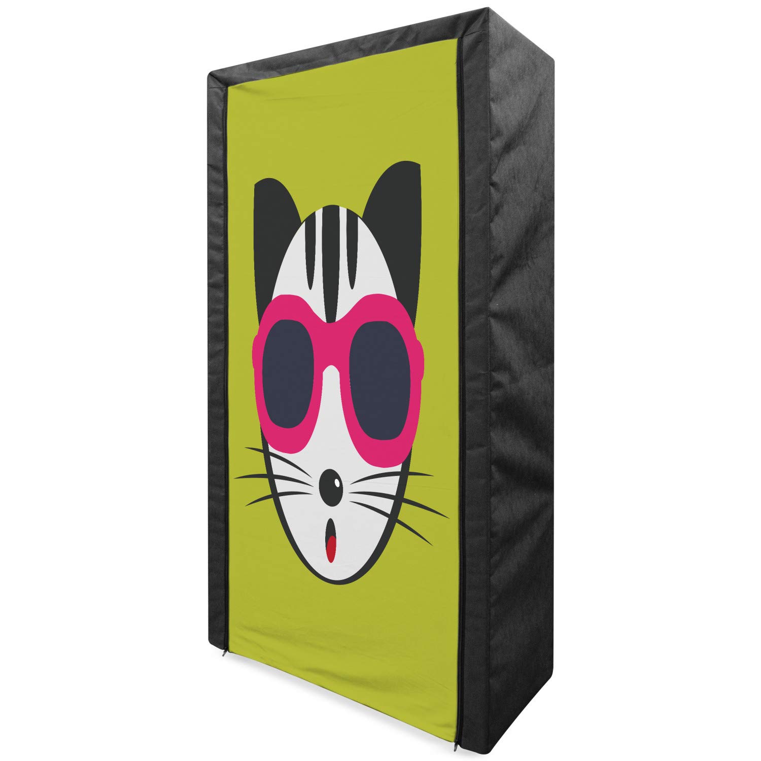 Ambesonne Portable Fabric Wardrobe with Shelves - 33.5 Inch Multicolor Cat Fashion Organizer | Cool Hipster Kitten Wearing Pink Sunglasses Pet Art Design | Perfect for Bedroom Closet Storage & Pet Lovers' Home Decor
