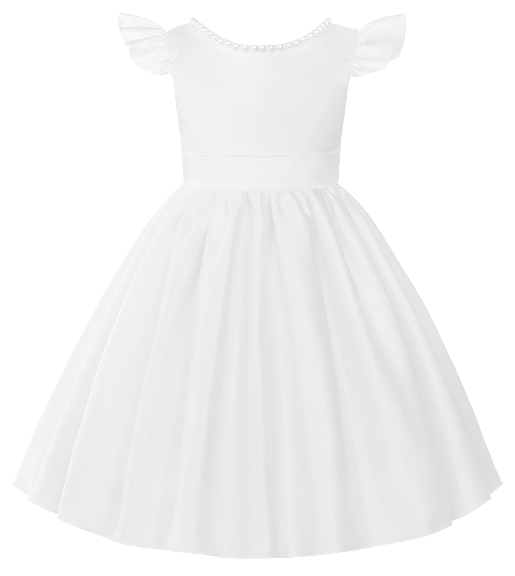 Uhnice Flower Girl Pearl Dress - Flutter Sleeve V-Back Satin Dress with Bowknot for Wedding, Birthday Party | Perfect for Flower Girls, Pageants, and Special Occasions