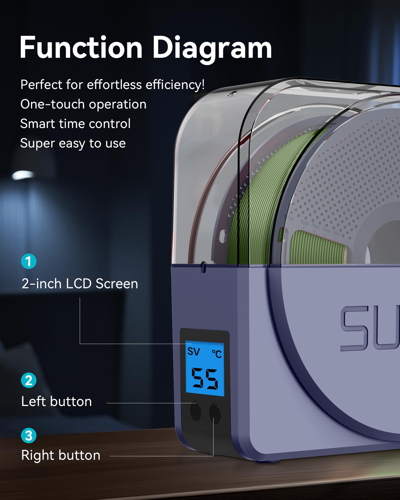 SUNLU Filament Dryer Box S1 - 3D Printer Filament Dehydrator & Storage, Compatible with PLA PETG ABS TPU ASA Filaments | Spool Holder & Humidity Control | Perfect for 3D Printing Workshops & Home Use (Blue Grey)