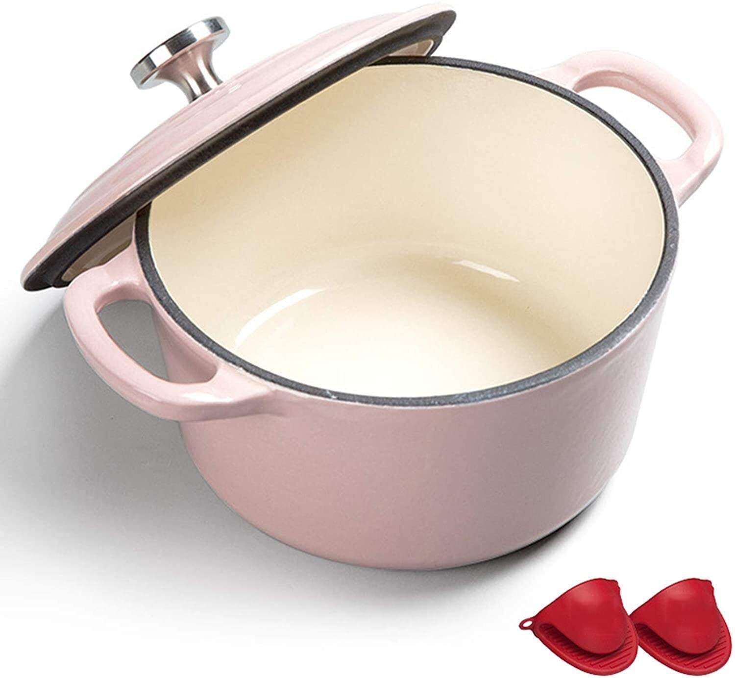 Enamel Coated Cast Iron Dutch Oven with Lid - Pink Ceramic Casserole Pot for Baking, Braising & Roasting | Nonstick Enamel Cookware for Stovetop, Oven & Camping Use