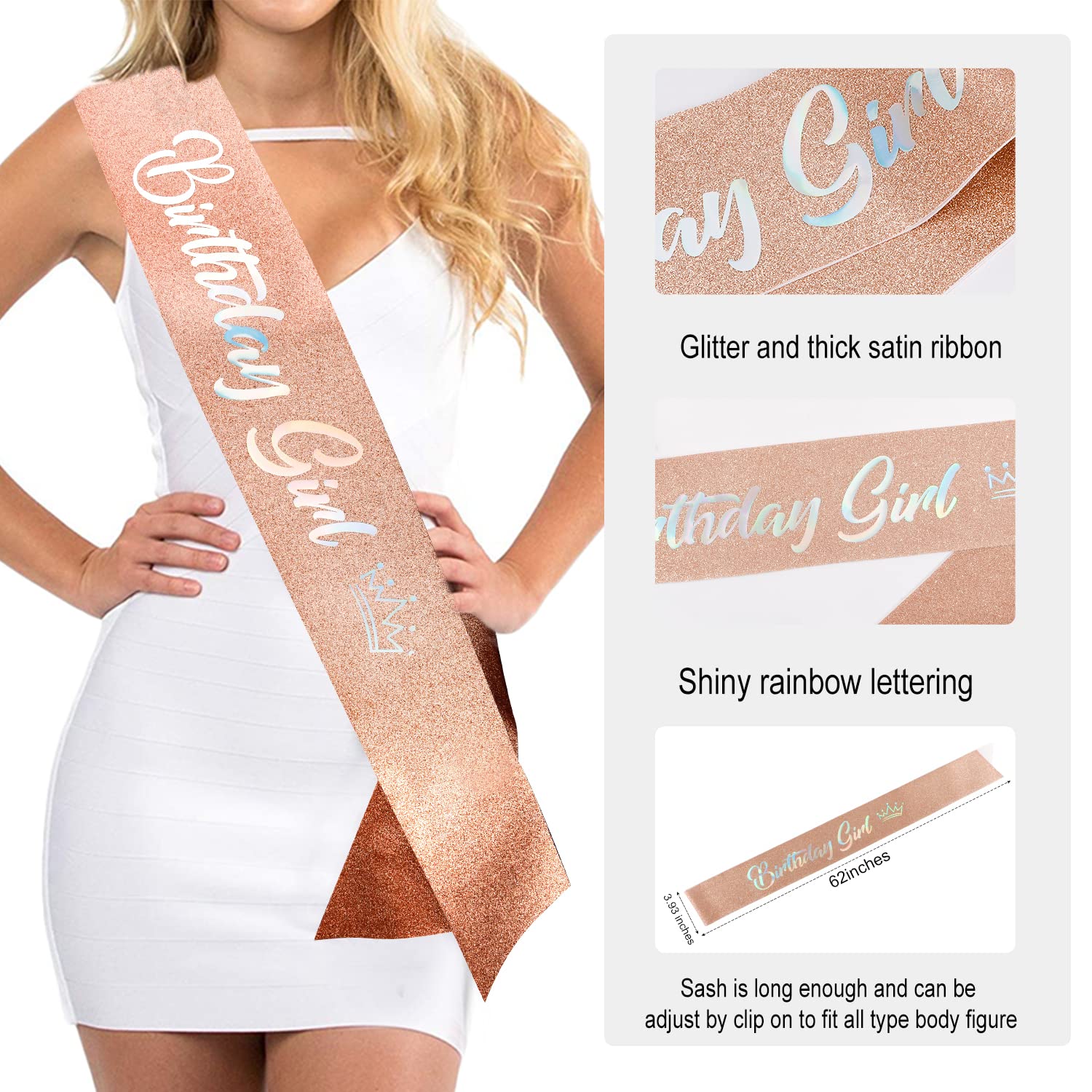 SuPoo Rose Gold Rhinestone Birthday Crown & Sash Set for Women - Sparkling Crystal Tiara Headband with Comb & Glitter Girls Sash - Perfect for Quinceañera, Birthday Parties, Bachelorette, and Special Occasion Decorations