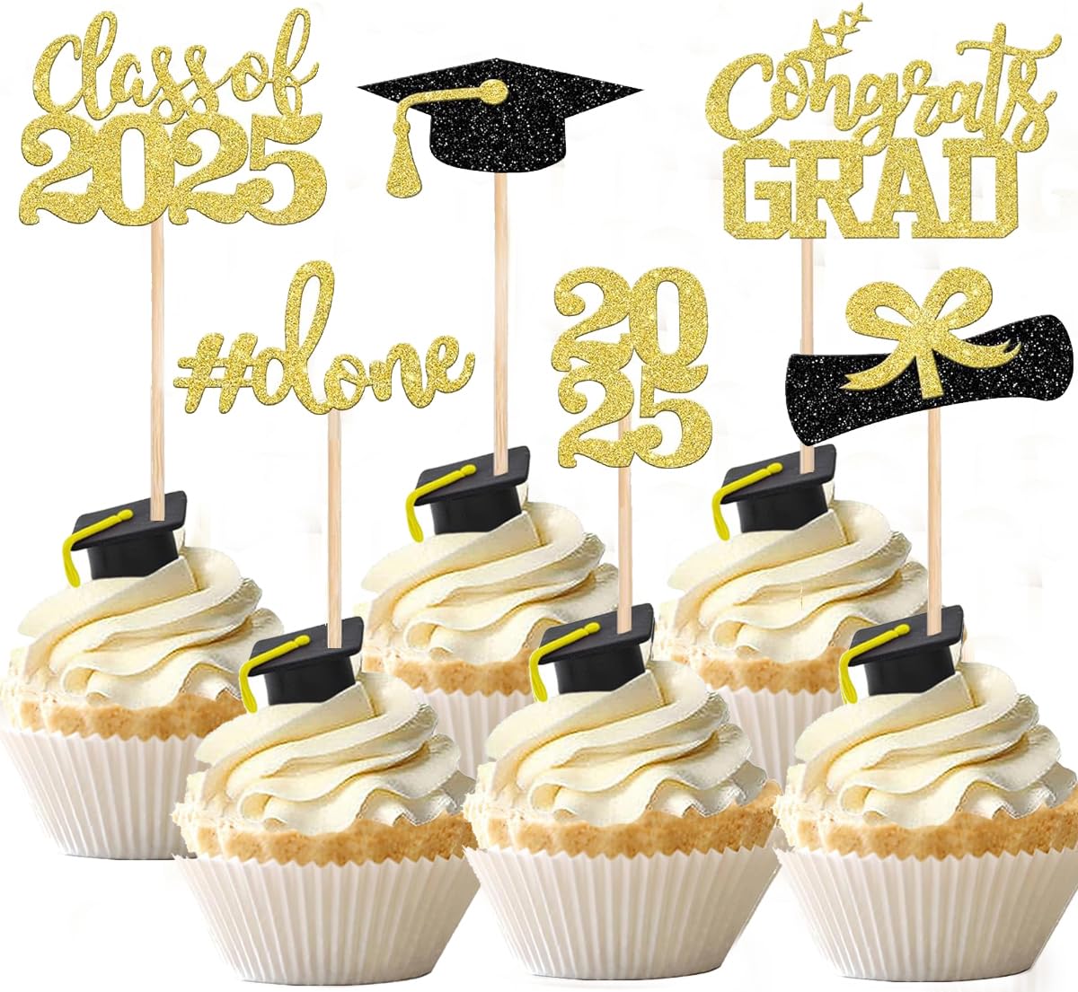36 PCS Graduation Cupcake Toppers 2025 - Gold Glitter Class of 2025 Decorations, Congrats Grad Cap & Diploma Cupcake Picks for Graduation Party Supplies | Perfect for High School, College Commencement & Celebration Cakes