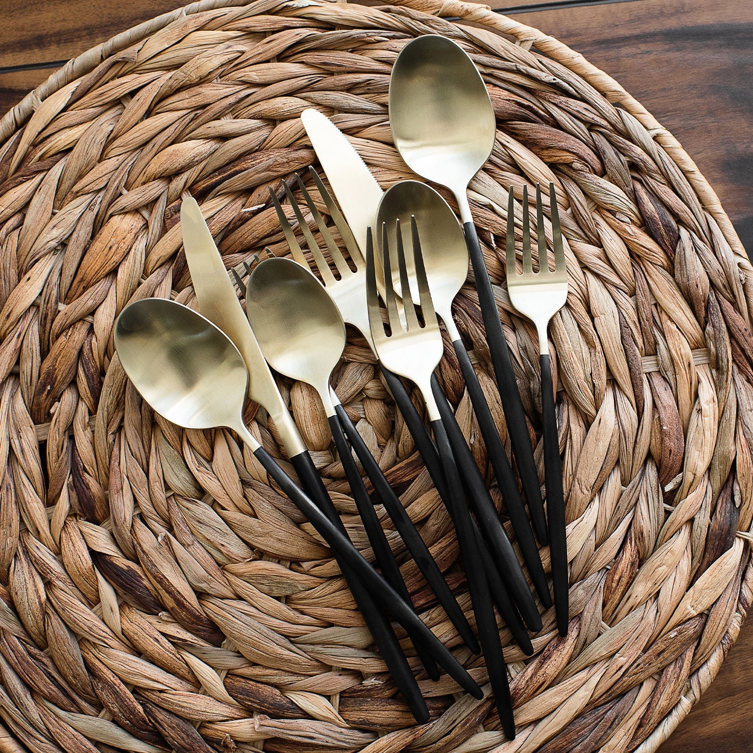 Gaze Black Champagne Satin 20-Piece Flatware Set - Elegant Stainless Steel Cutlery for Fine Dining, Weddings & Special Occasions